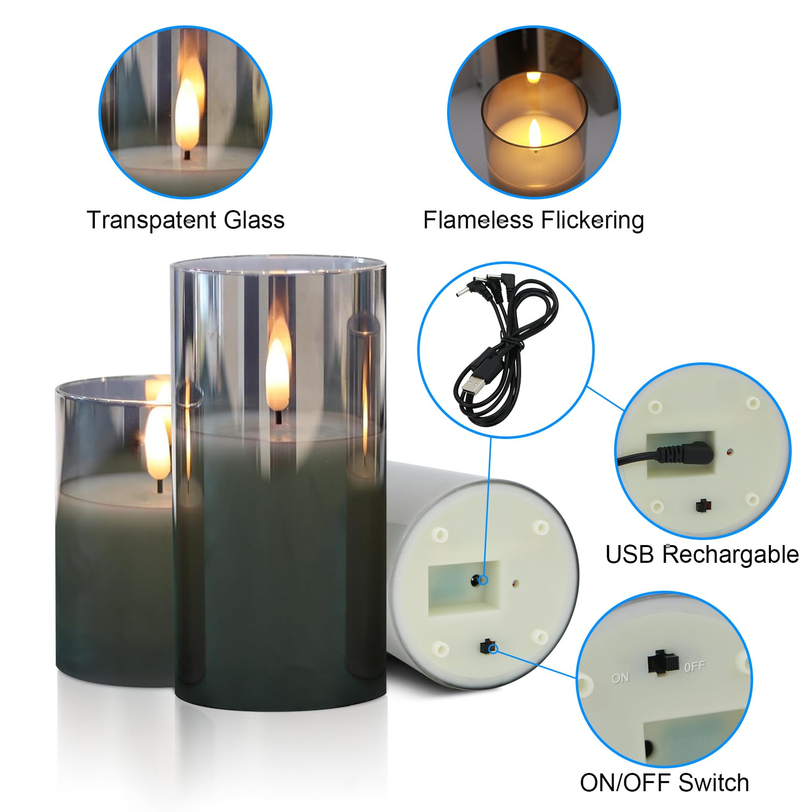 Wilux Rechargeable Led Flameless Candles Flickering With Timer & Remote Control, Built In Battery Led Gray Glass Candles Gift Se