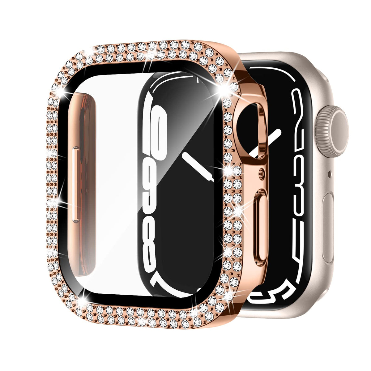 Adepoy For Apple Watch Case Series 7/8 45Mm With Tempered Glass Screen Protector, Double Bling Case Crystal Diamonds Rhinestone 