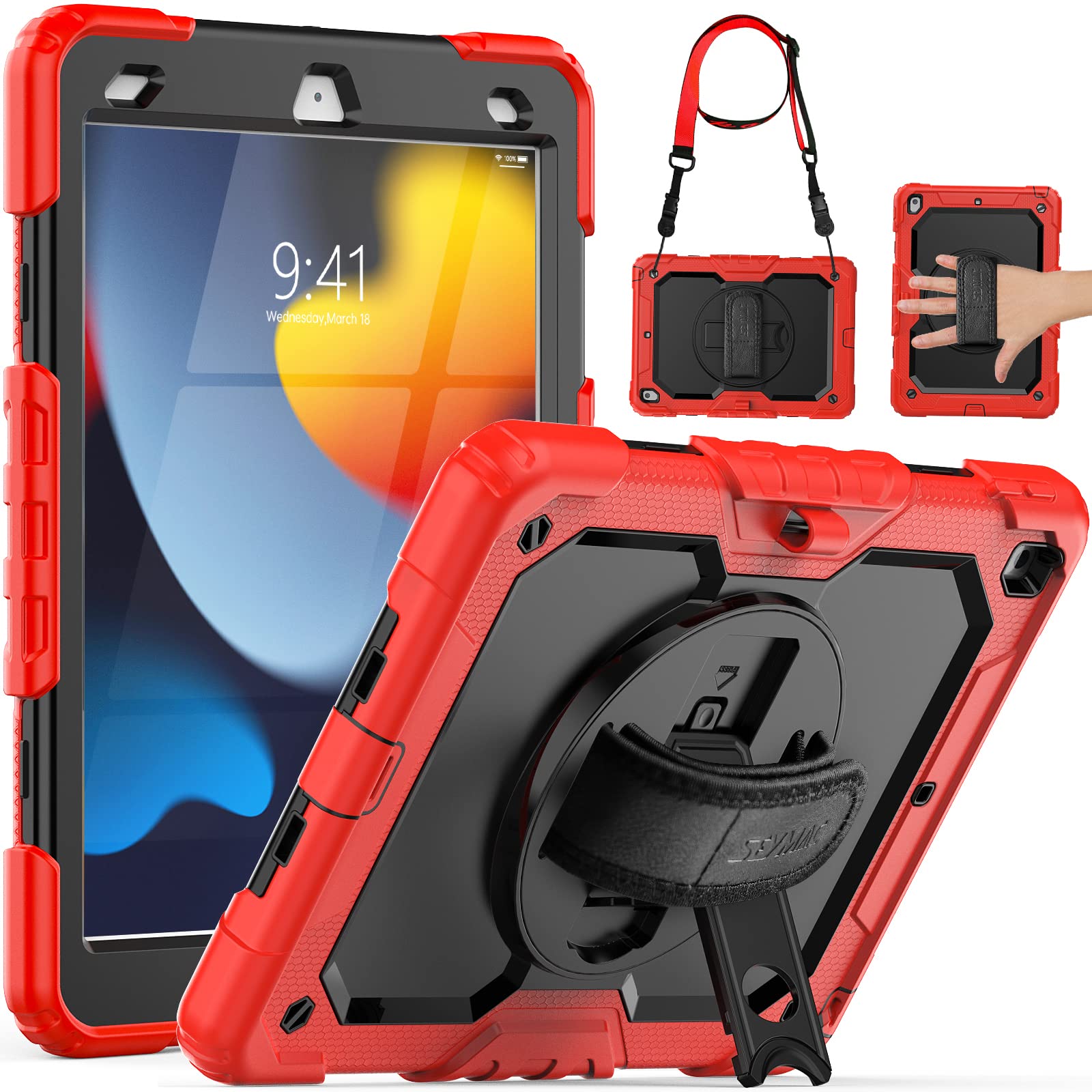 Seymac Case For Ipad 9Th/8Th/7Th Generation Case 10.2' 2021 2019, Full Body Shockproof Heavy Duty Protective Case With Screen Protector, 360� Rotating Stand/Handle/Shoulder Strap For Ipad 10.2, Red