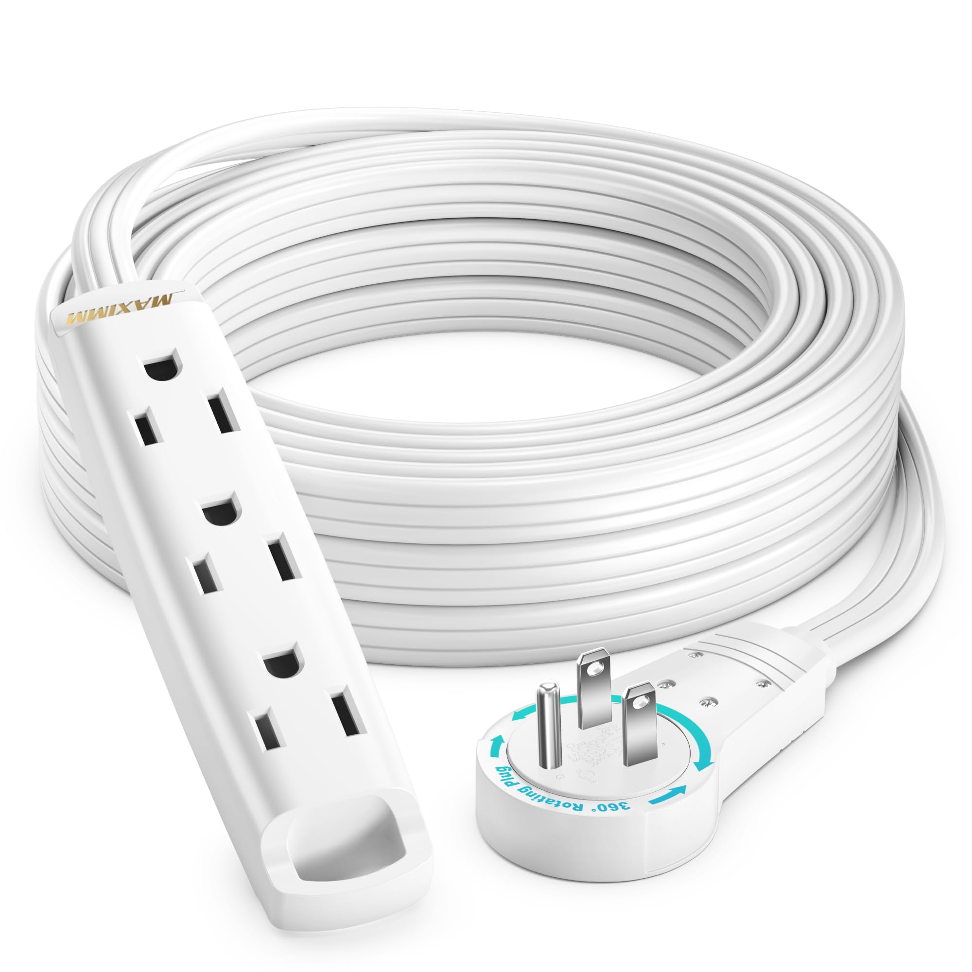 Maximm 15 Ft White 360 Rotating Flat Plug Extension Cord With 3 Outlets On One Side, Versatile Long Reach For Home & Office Use