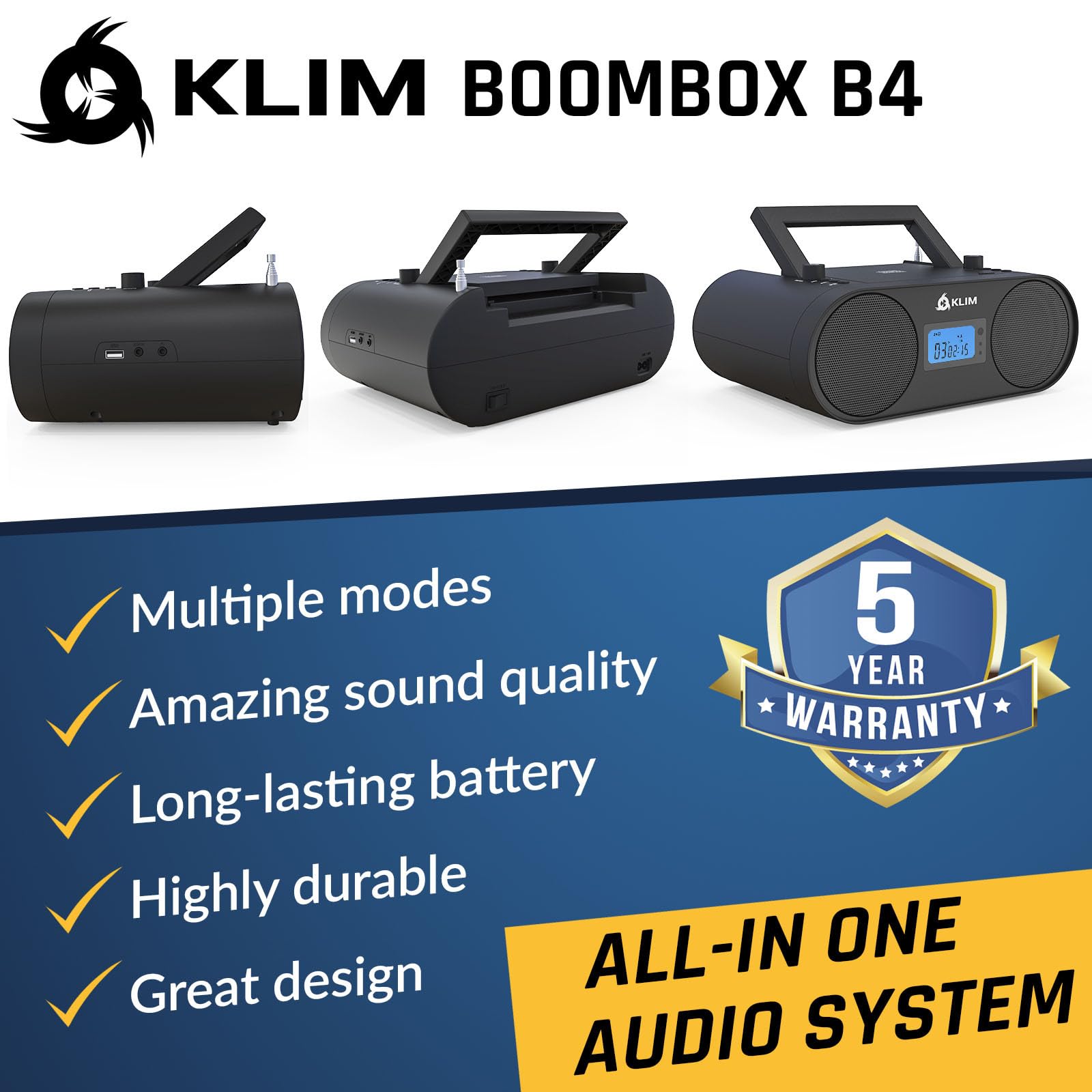 Klim Boombox B4 Cd Player Portable Audio System   New 2024   Am/Fm Radio With Cd Player Mp3 Bluetooth Aux Usb   Wired & Wireless