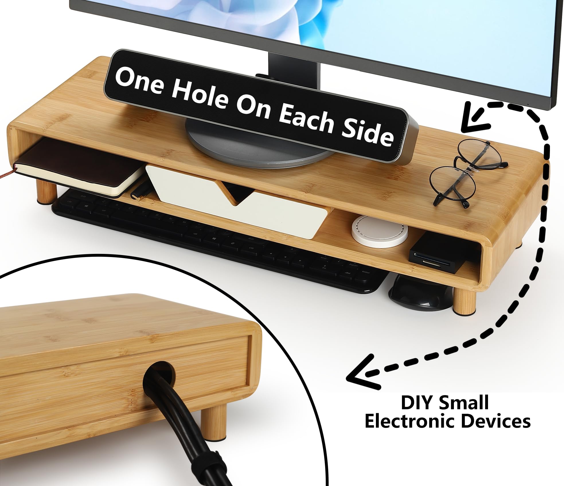 Homerays Monitor Stand with Drawer, Ergonomic Wood Riser for Computer, Laptop, TV - Upgrade White