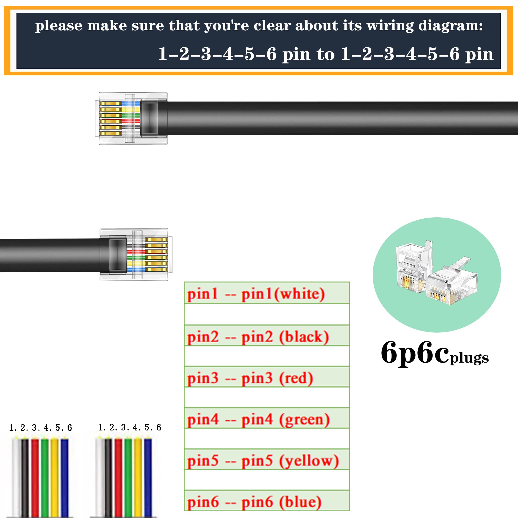 Lansensu Rj12 Cable Phone Cord Rj12 6P6C Male To Male Straight Wired For Both Data And Voice Use   2Pack (Black, 3.3Ft)