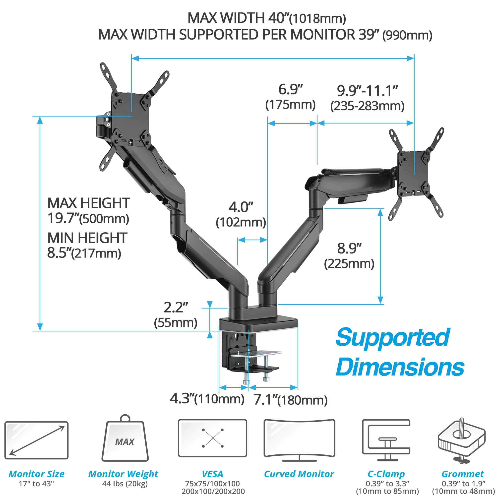 Avlt Rgb Lights Dual 17    43    Gaming Monitor Arm Desk Mount, Fits Two Flat/Curved/Ultrawide Screen Up To 44Lbs(20Kg), Height