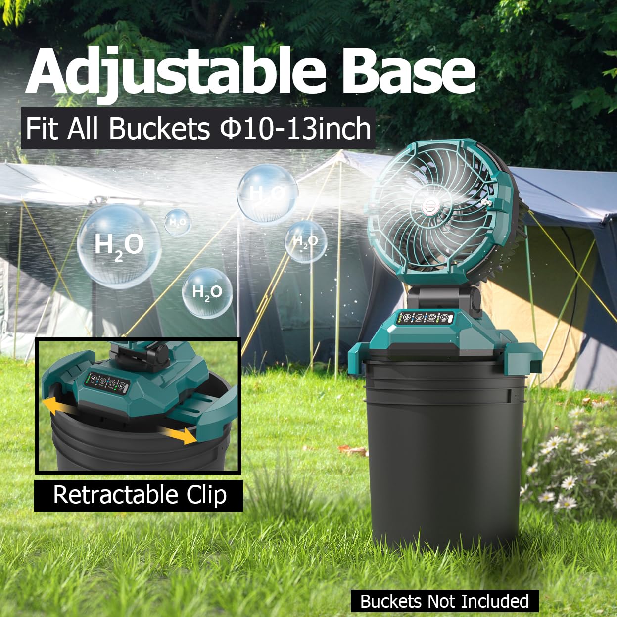 Panergy Portable Misting Fan For Outdoors-30000Mah Rechargeable Battery, 4-Speed Fan,4 Spray Modes,10-13 Inch Bucket Compatible,