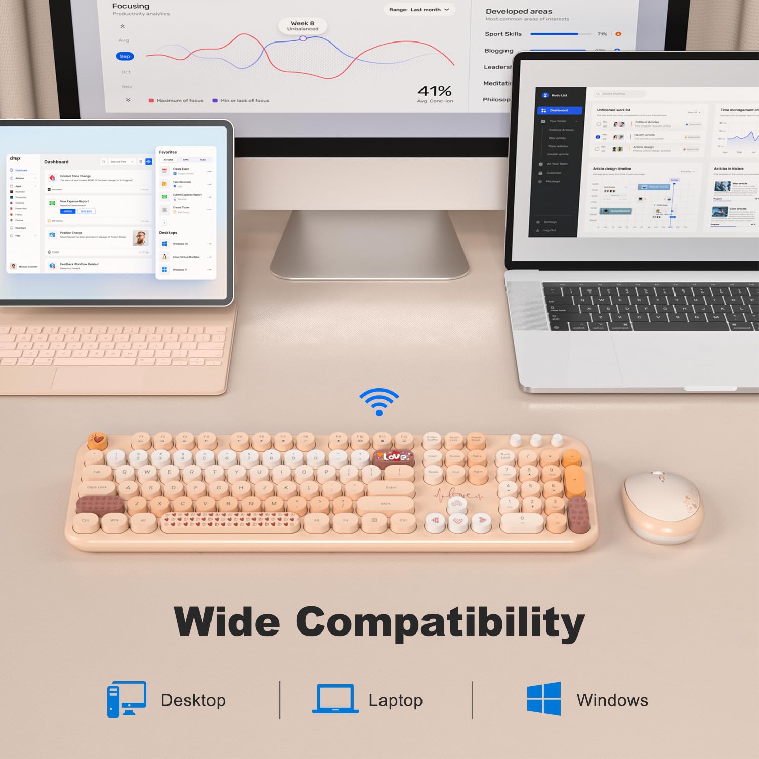 MOFII Wireless Keyboard and Mouse Combo Full Sized 104 Keys Round Keycap 2.4G USB Pale Coffee