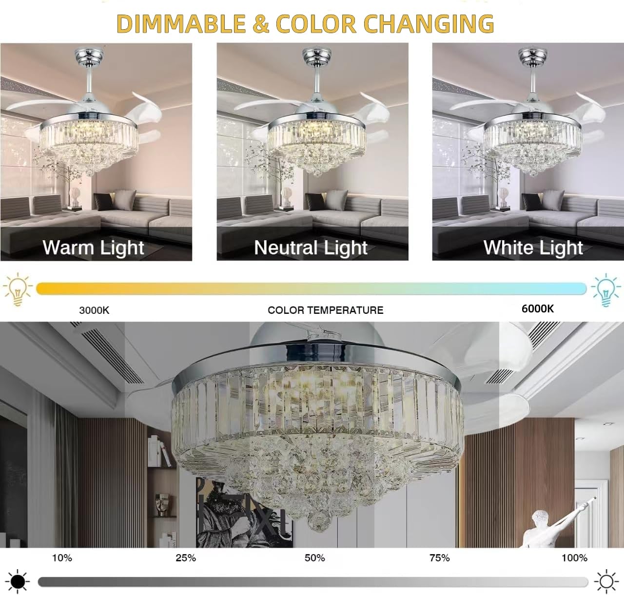 Fandelier Ceiling Fan With Light, 42 Inch Retractable Chandelier Fan Led Dimmable Crystal Ceiling Fan For Bedroom Living Room Di