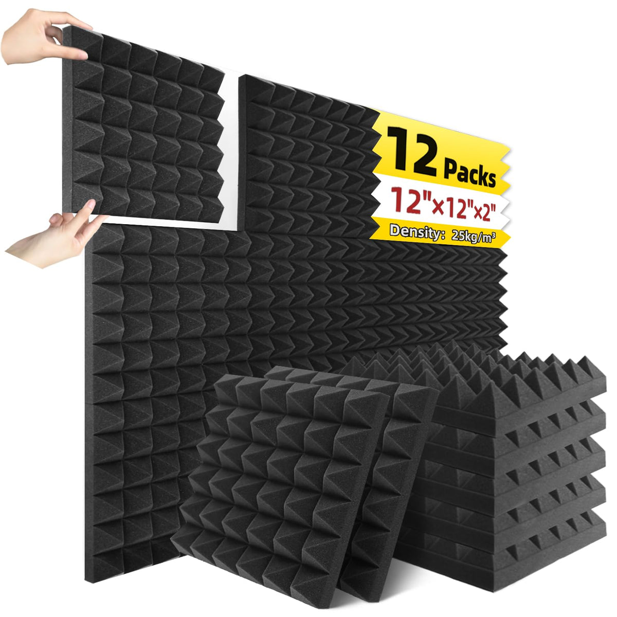 Sonicreative 12 Pack Pyramid Acoustic Foam Panels 1'' X 12'' X 12'' High Density Soundproof Foam Panels For Wall, Quick Recovery