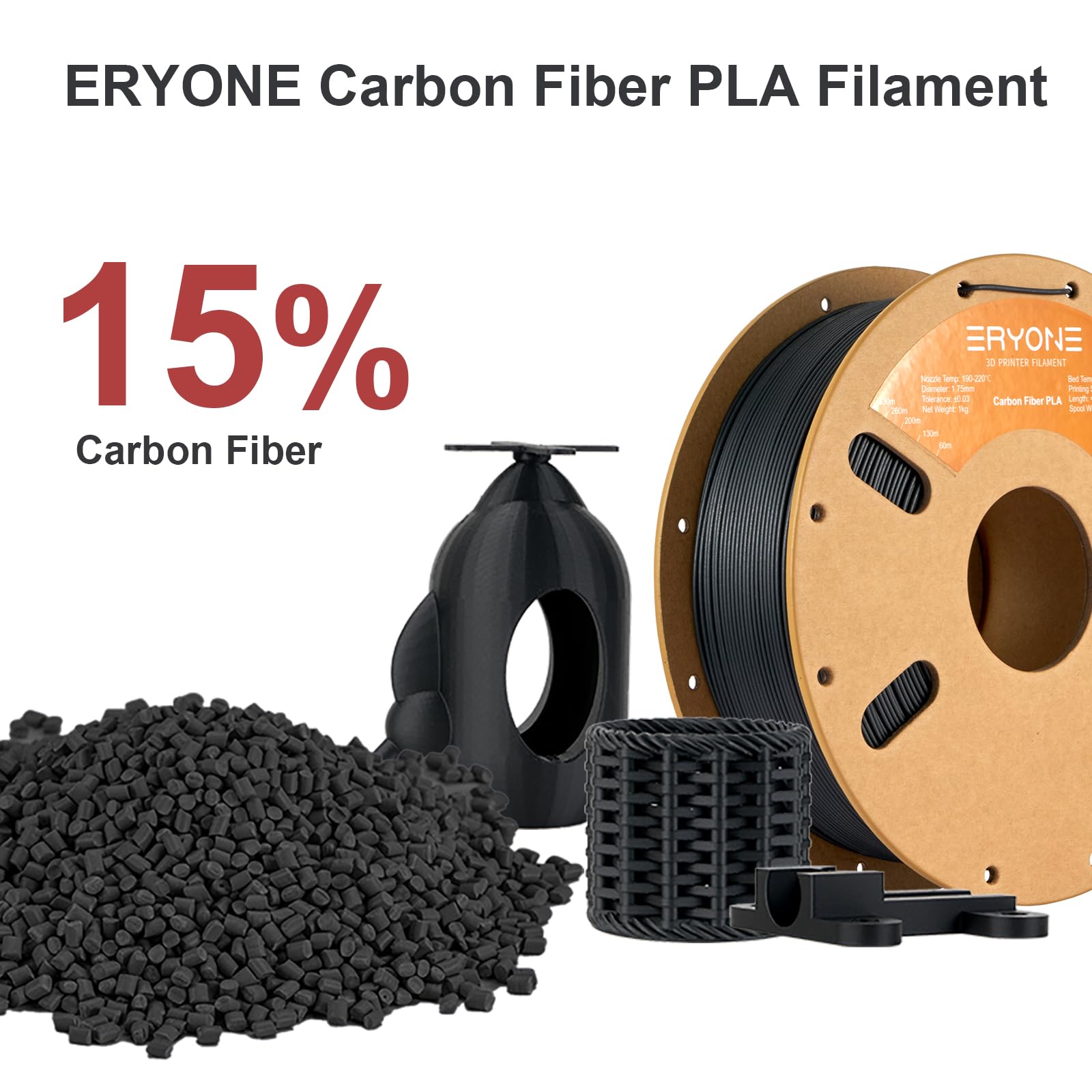 Eryone Carbon Fiber Filament Pla 1.75 Mm, Pla Filament For 3D Printer,  0.03 Mm, 1 Kg (2.2 Lbs)/Spool, Black
