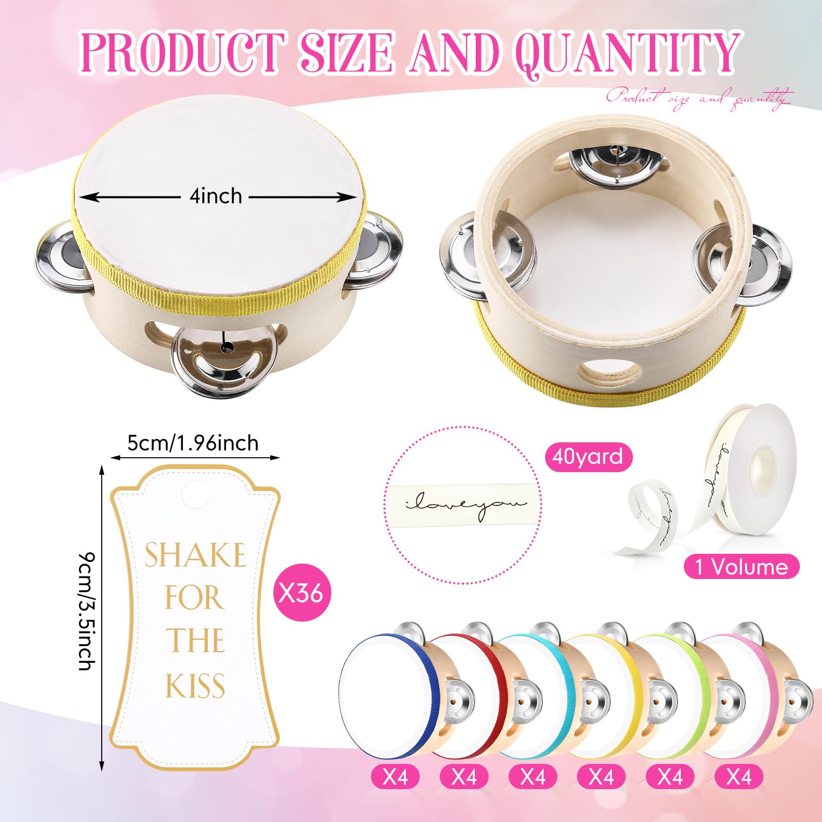 Lukmaa 24 Set 4 Inch Tambourine For Adults Wooden Hand Held Drum With Metal Jingles, Gift Tags, White I Love You Printed Ribbon