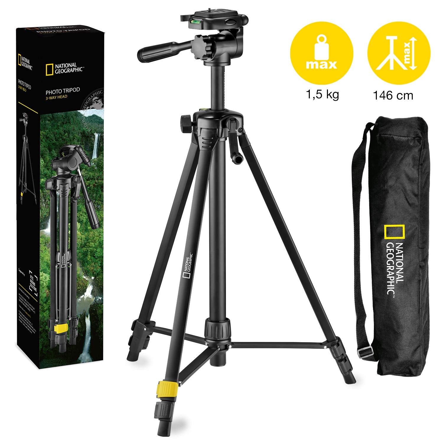 National Geographic Medium Photo Tripod Kit - Aluminium, 3-Way Head, Quick Release, Black, Model NGPH000, Load Capacity 1.5kg