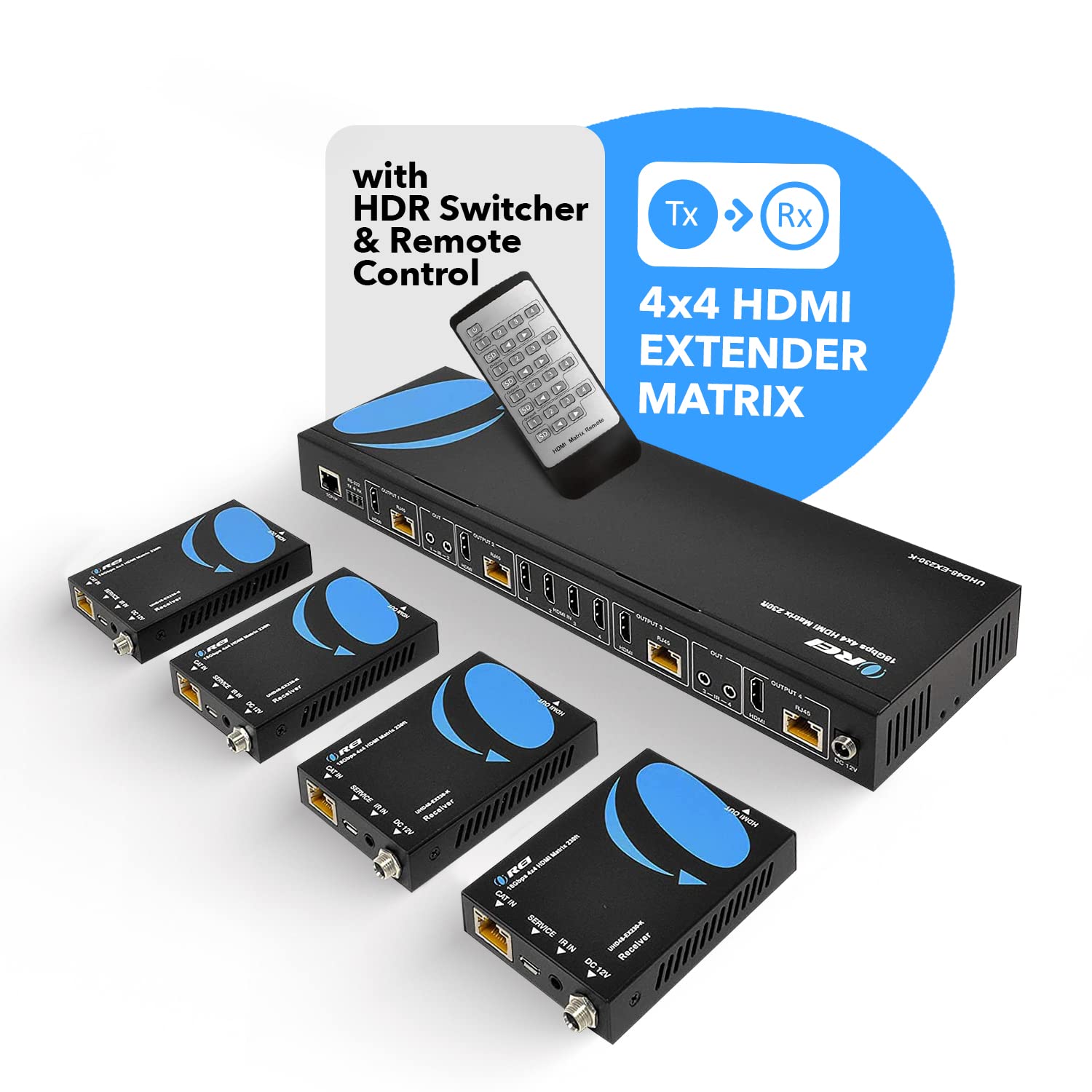 Orei 4K 4X4 Hdmi Extender Matrix   Ultrahd 4K @ 60Hz 4:4:4 Over Single Cat5E/6/7 Cable With Hdr Switcher & Ir Control, Rs 232