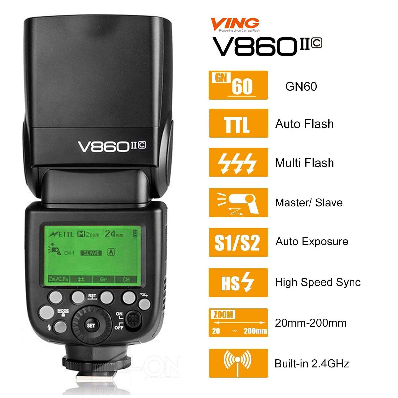 Godox V860Ii-C V860Iic Camera Flash Speedlite For Canon, 2.4G Ttl Flash Speedlight Gn60 1/8000S Hss, Rechargable Li-Ion Battery,