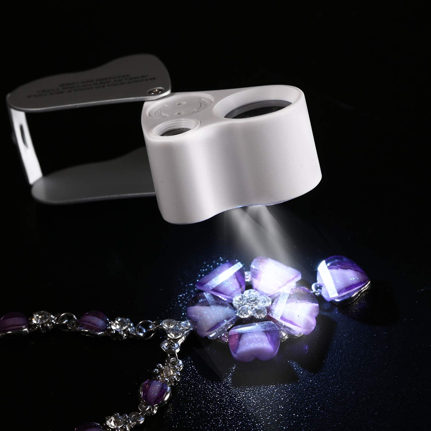 Jiusion Portable Lighted Led Illuminated Jewelry Magnifier 30X 60X Wearable Handheld Dual Lens Eye Loupe Magnifying Glasses Micr