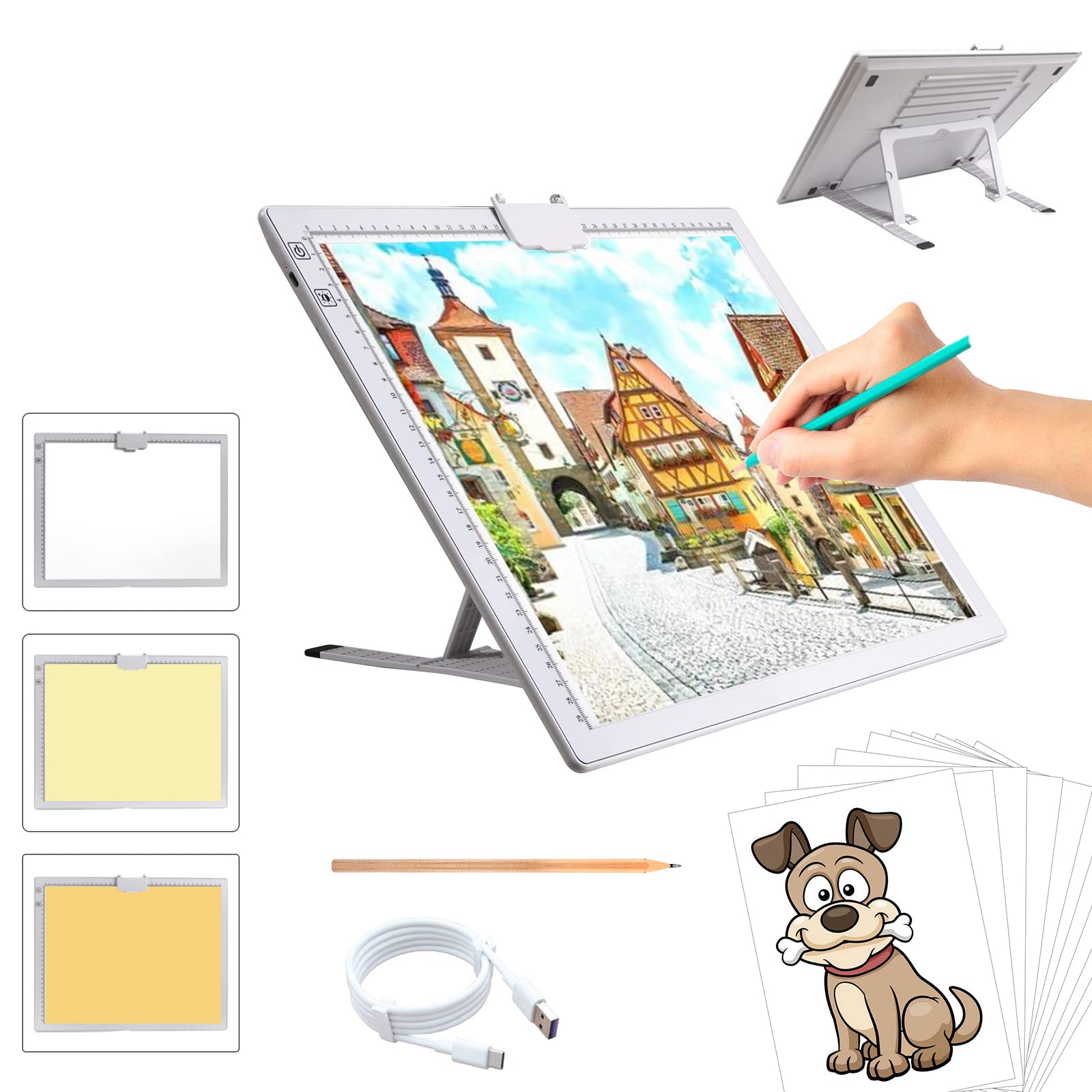 A3 Rechargeable Light Pad, TOHETO 2500mAh Battery Powered Light Board with Stand Top Magnetic Clip 3 Colors Stepless Dimmable 6 