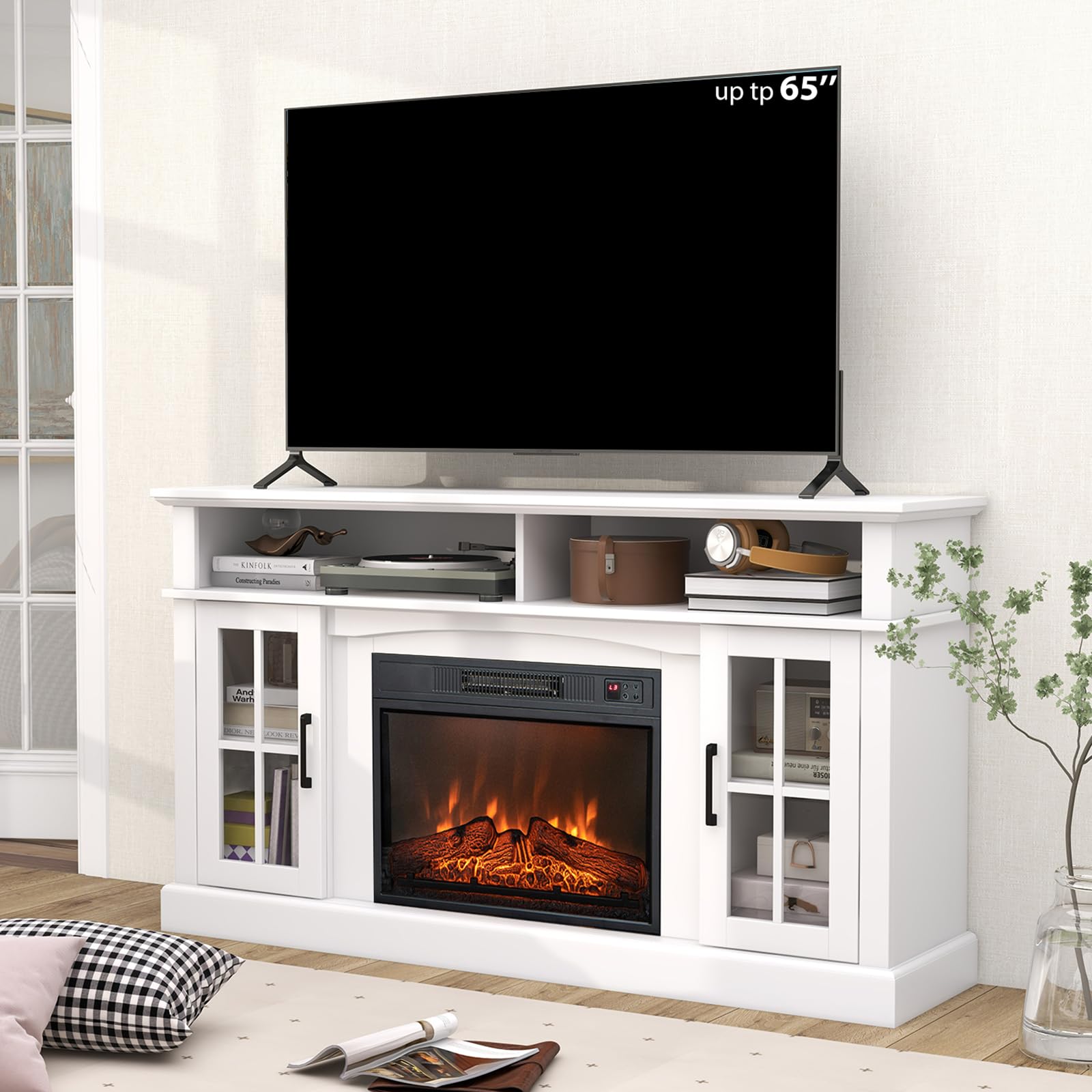 SIMOE 58 in TV Stand with 23 Inch Fireplace, Electric Fireplace TV Console for TVs up to 65, Entertainment Center/w 2 Cabinets &