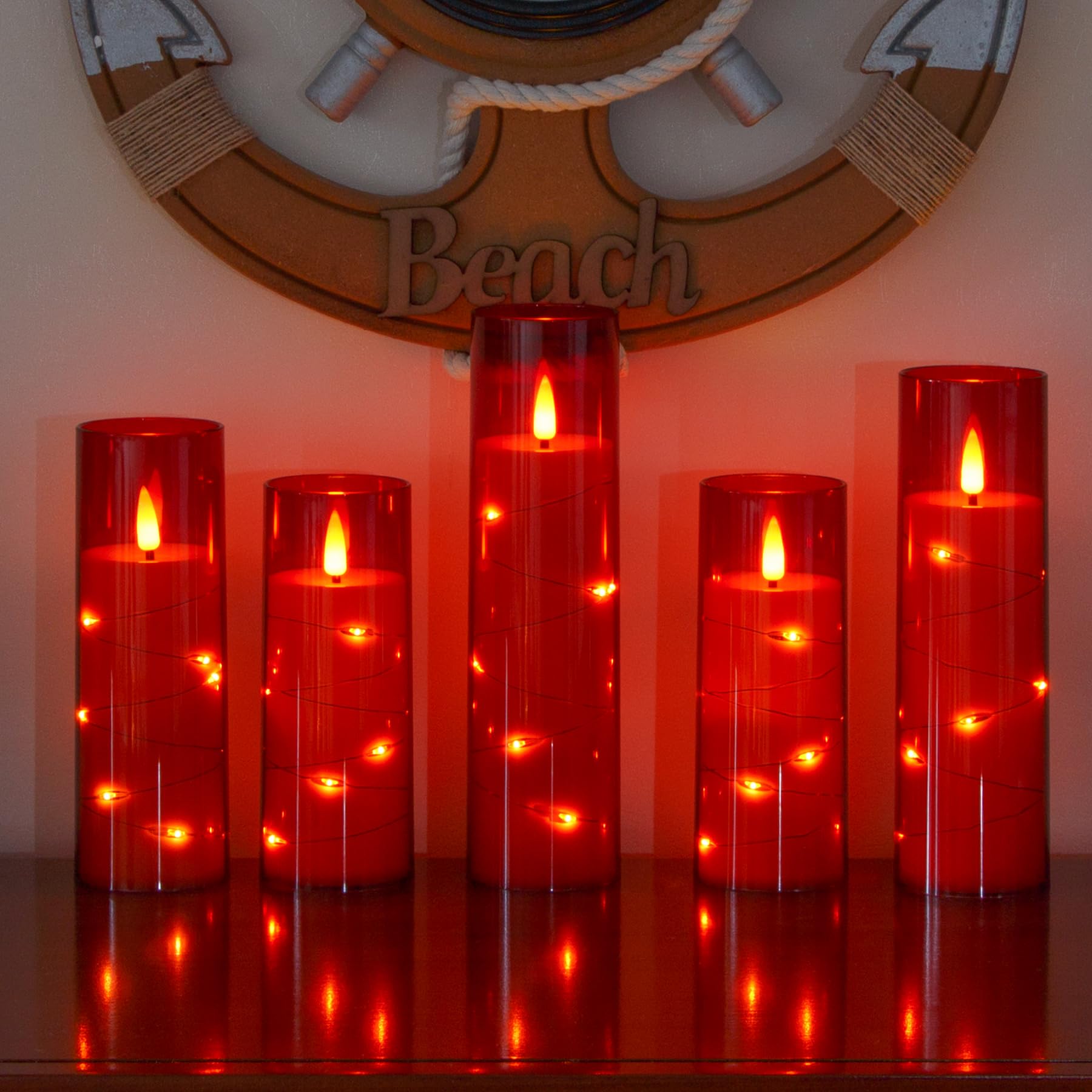 Yeelida Red Flameless Candles With Remote And String Light, 2.2''X 5'',5'',6'',7'',7'',8'' Led Battery Operated Plastic Flickeri
