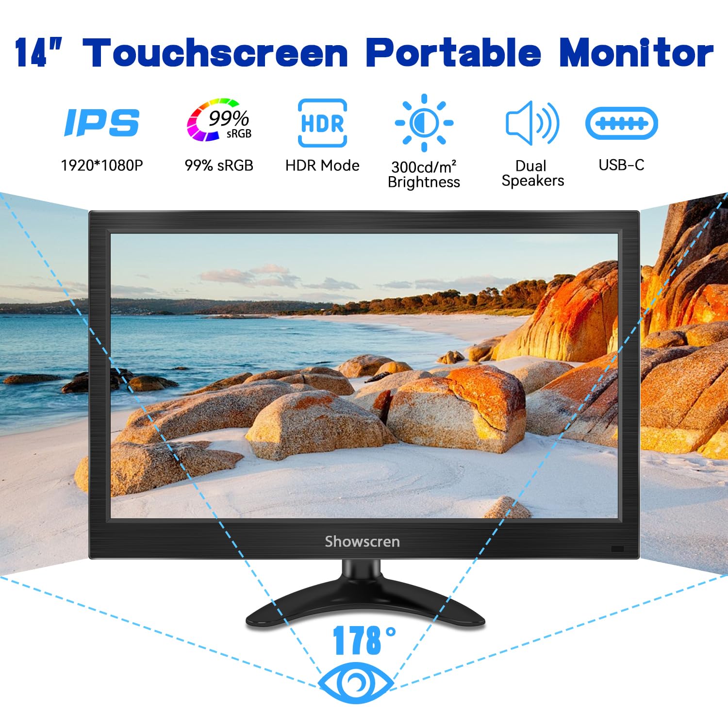 Showscren Computer Monitor 14 Inch Touchscreen Portable Monitor Fhd Hdr 1080P 99% Srgb Small Pc Monitor With Hdmi/Usb C Port, Mu