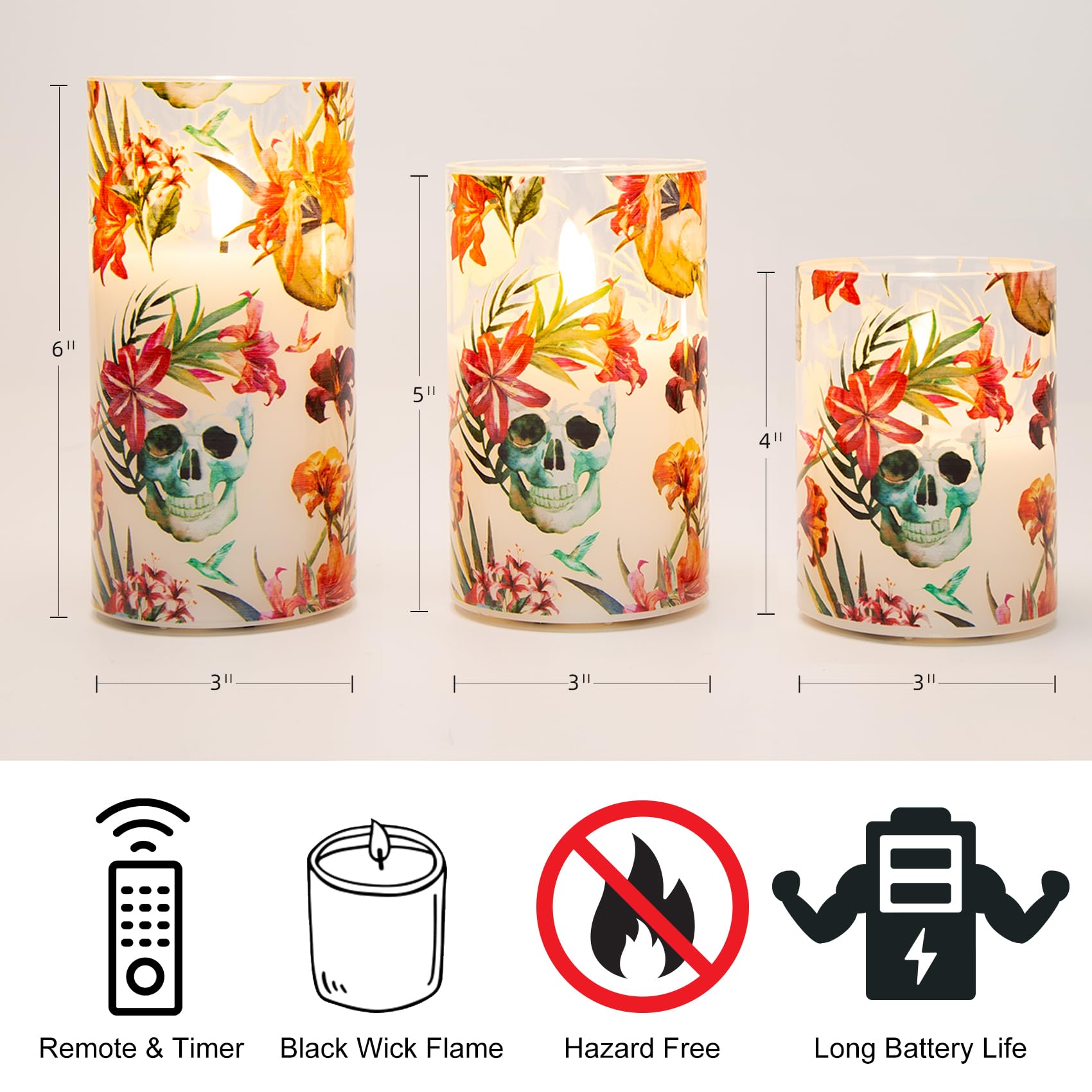 Eywamage Yellow Floral Flameless Candles In Glass Jars, Flickering Battery Led Pillar Candles With Remote Set Of 3