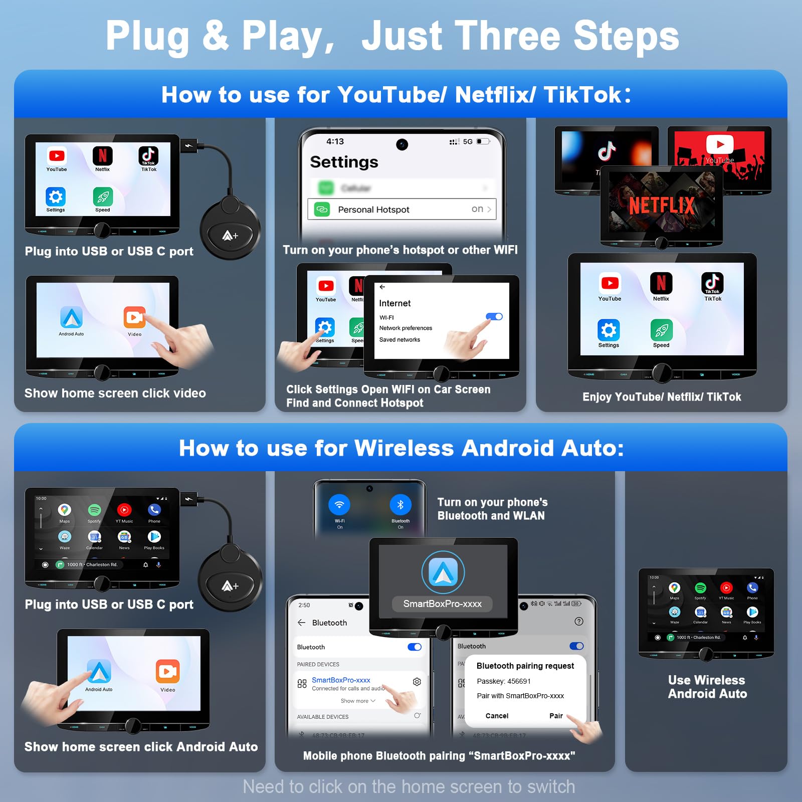 Android Auto Wireless Adapter Support Netflix Youtube Tiktok, Latest Wireless Android Auto Car Adapter For Factory Wired Android