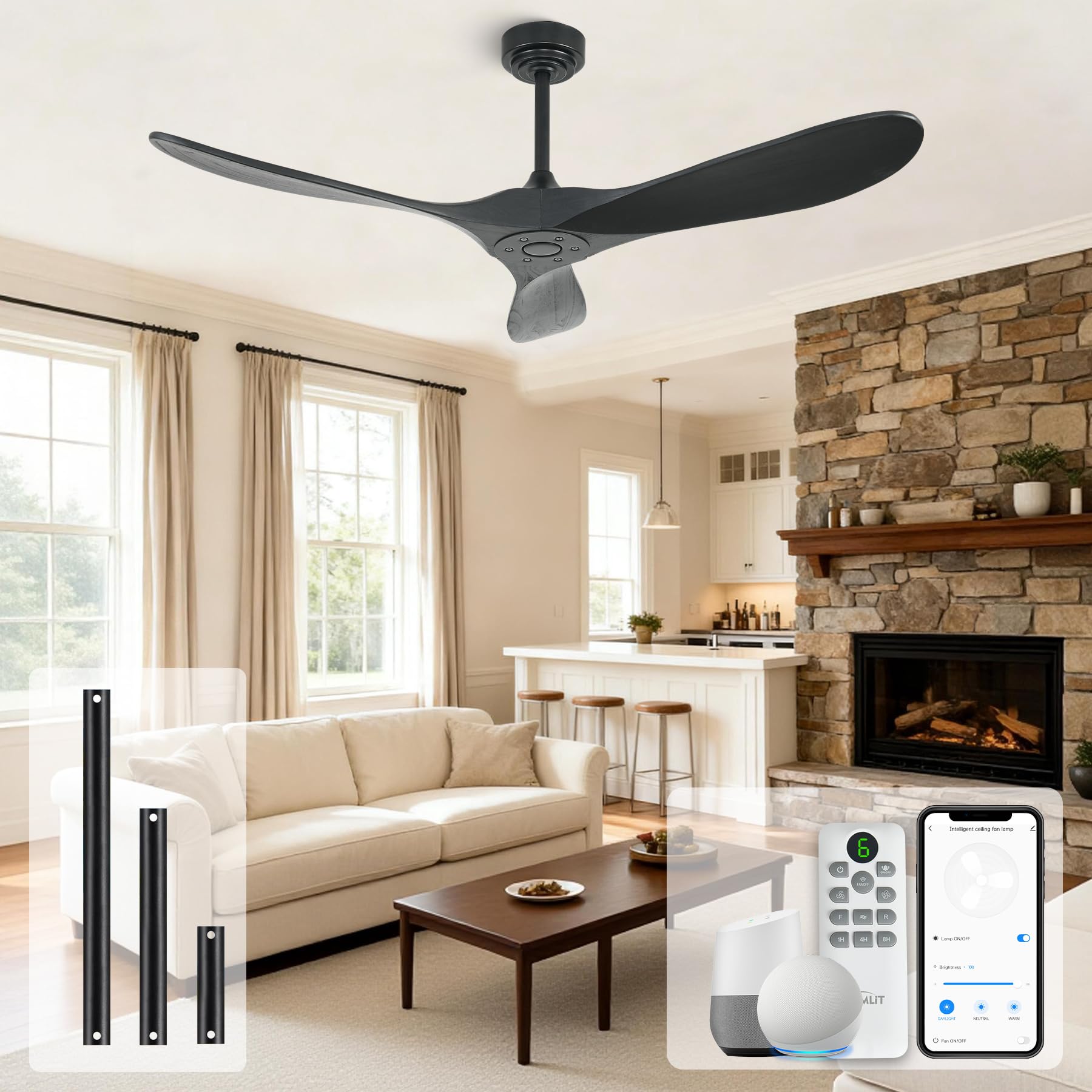 Homlit Smart Ceiling Fan no Light, 52 Inch Outdoor Ceiling Fan Without Light, Compatible with Alexa/Google/App, 3 Solid Wood Bla