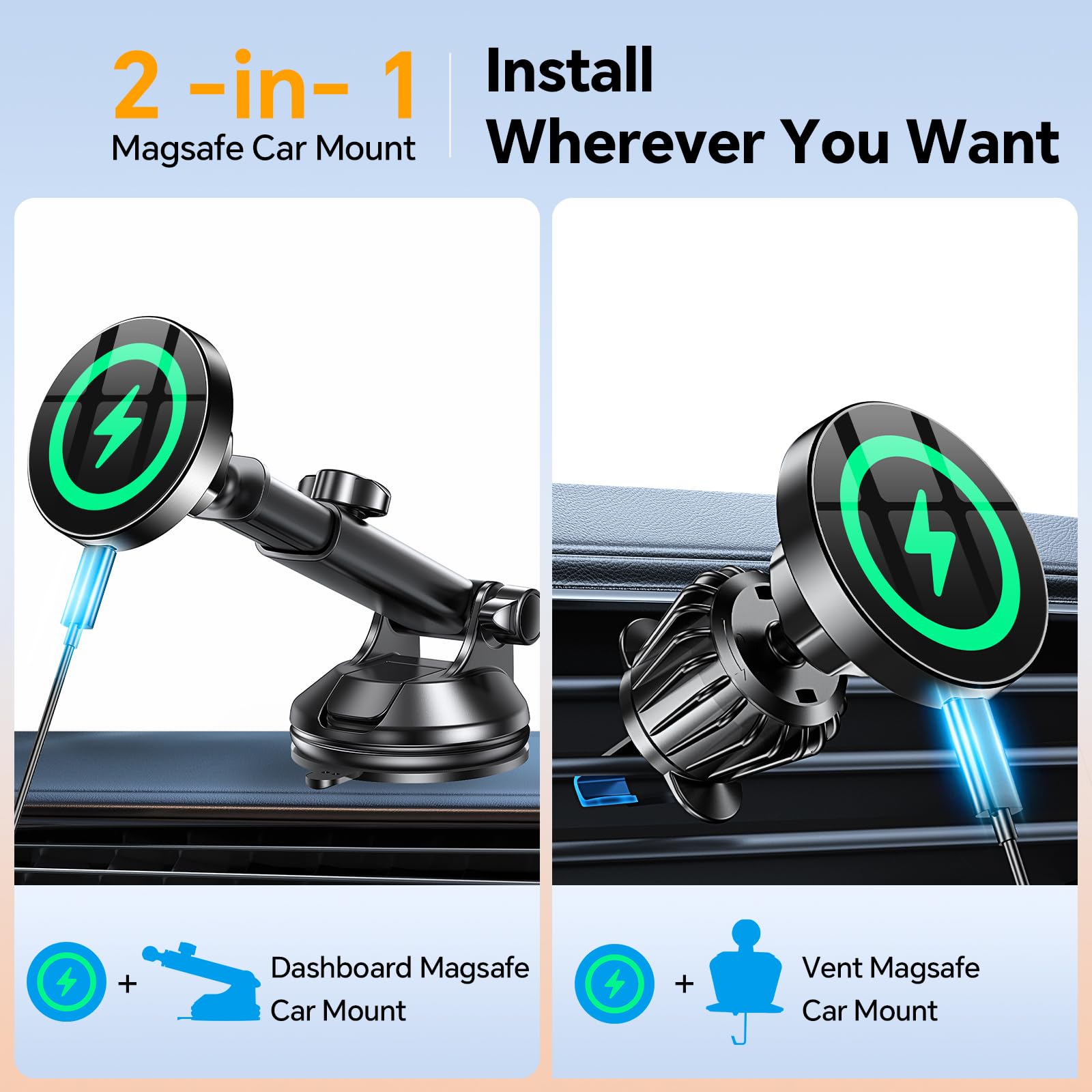 Coolpow For Magsafe Car Mount Charger?Ultra Magnet?Magnetic Phone Holders For Your Car Charger?Windshield+Vent+Dash?Magnetic Wir