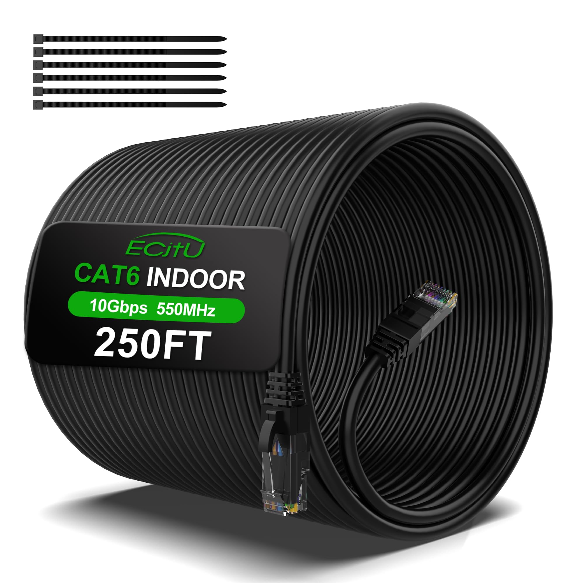 250Ft Cat6 Ethernet Cable, Cat 6 Patch Cable, Cat6 Internet Cable, Utp Network Cable, Indoor And Outdoor, Poe, 24Awg Cca, Compatible For Pc, Laptop, Router, Switch, Server, With 25 Cable Ties   Black