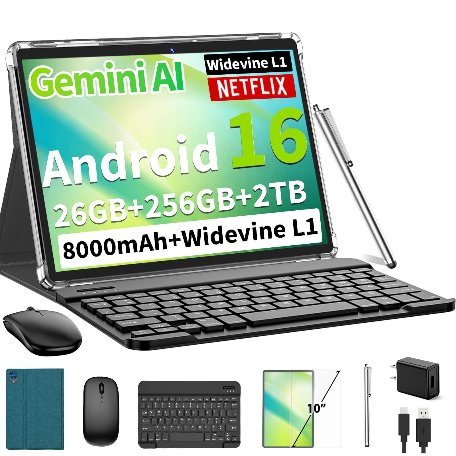 Android 16 Tablet with Keyboard  26GB+256GB+2TB, OctaCore(Green Case)