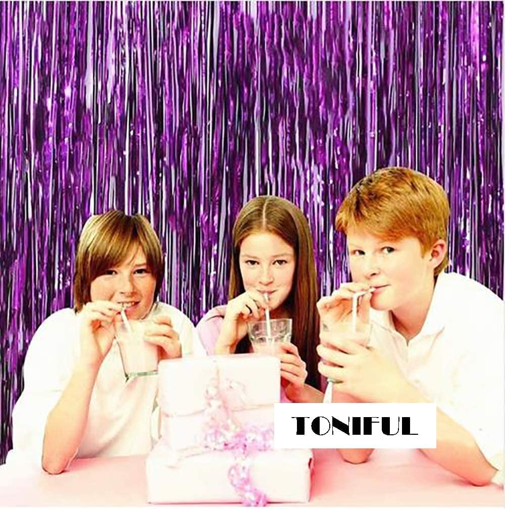 Toniful 3Pcs Purple Door Streamers,Purple Photo Booth Backdrop Metallic Streamers Foil Fringe Curtains For Birthday,Christmas,Ne