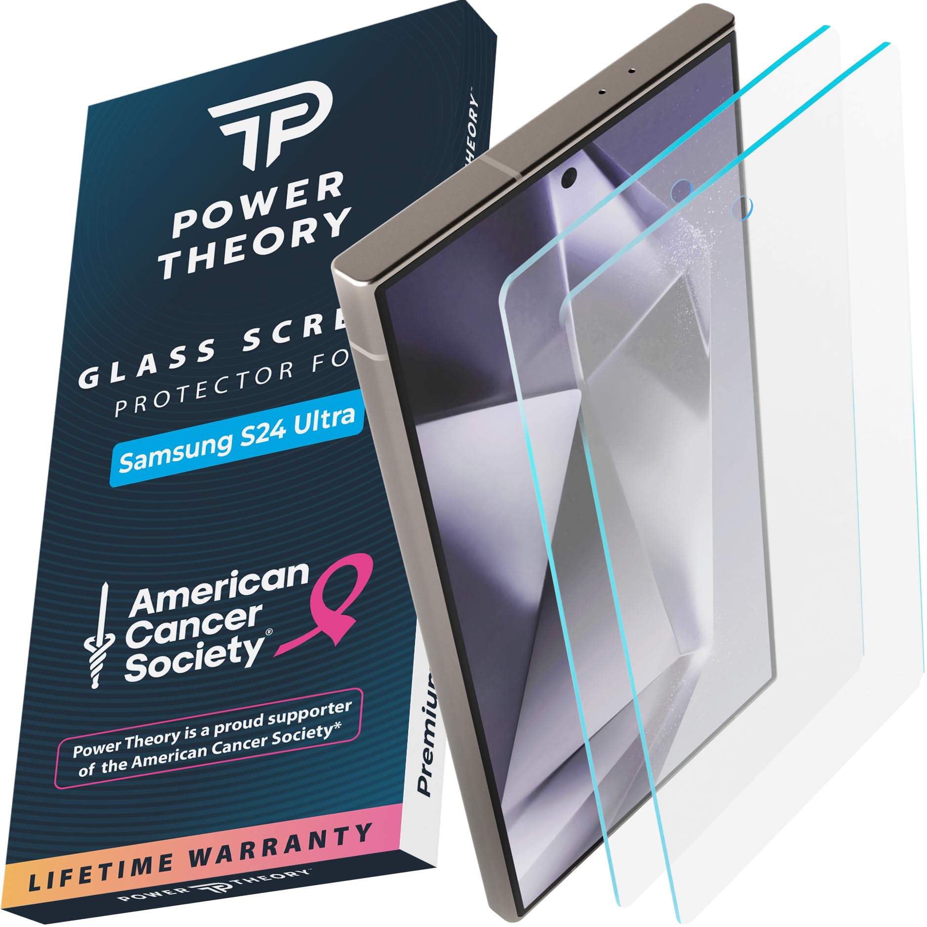 Power Theory For Samsung S24 Ultra Screen Protector Double Tempered Glass, 9H Hardness, [Benefits American Cancer Society], Perf