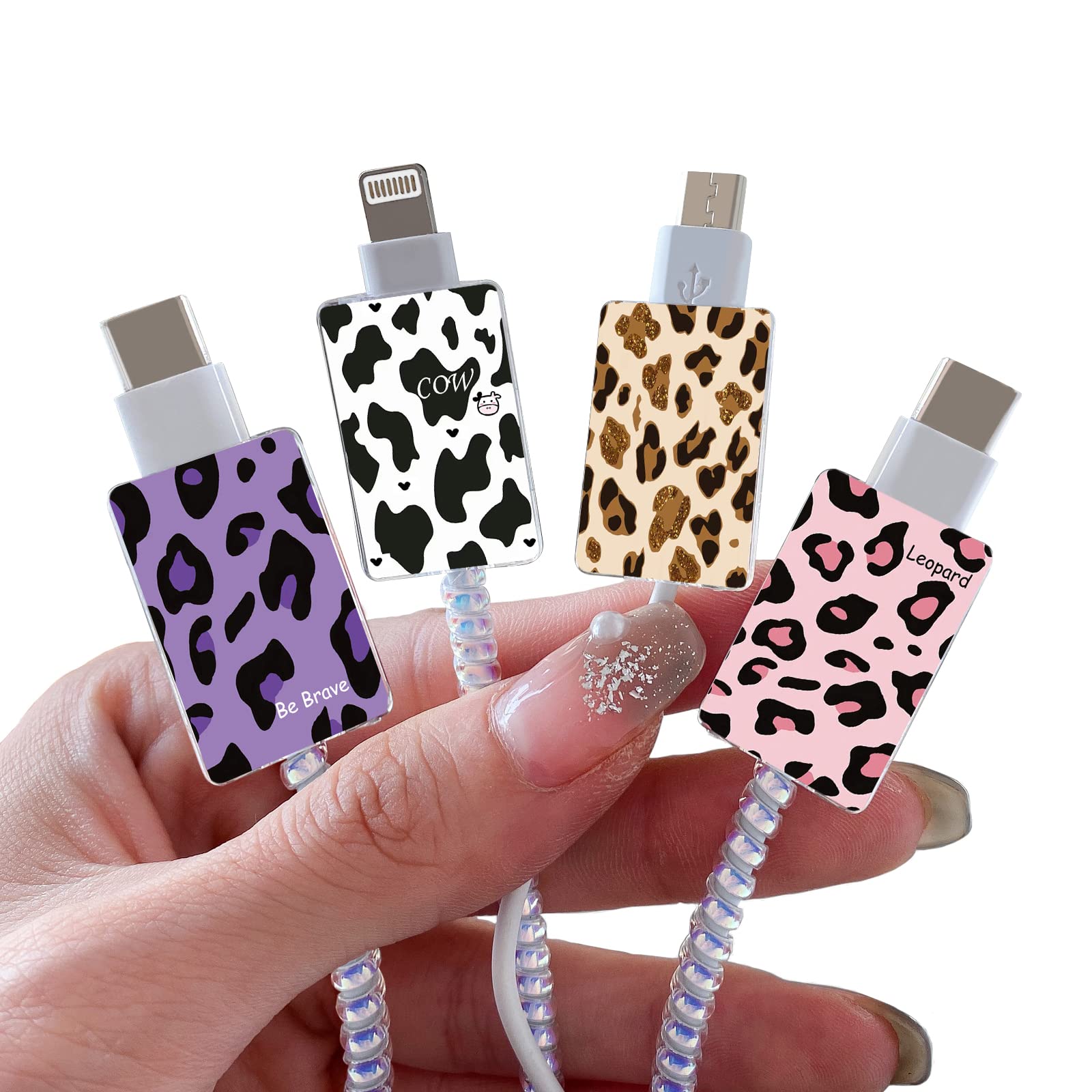 Cute Cable Protector For Iphone Type C Charger, Kawaii Luxurious Leopard Cow Print Pattern 4 Pcs Set Cable Protector For Women G