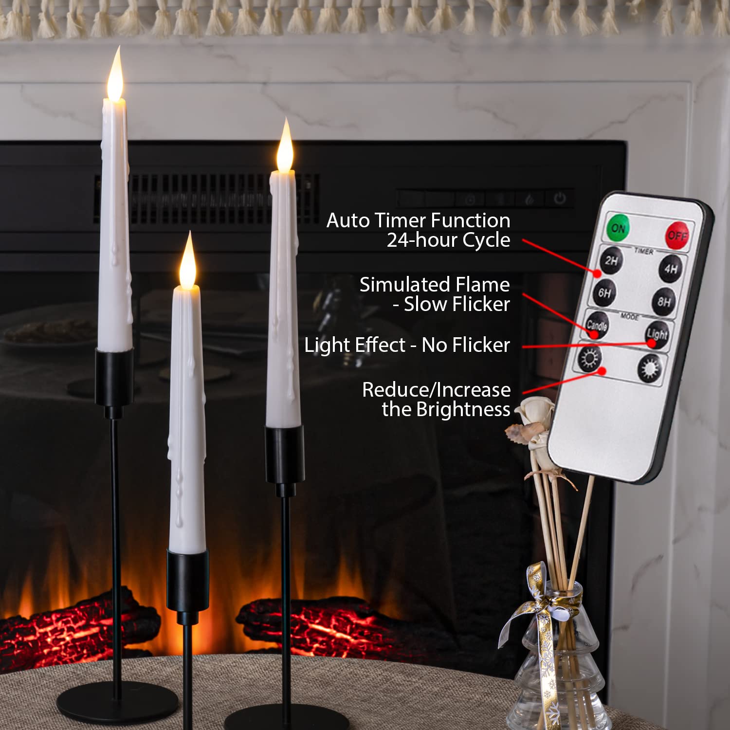 5Plots White Real Wax Flameless Taper Candles With Remote, Dimmer, Timer, Battery Operated Candles With Flickering Flame, Realis