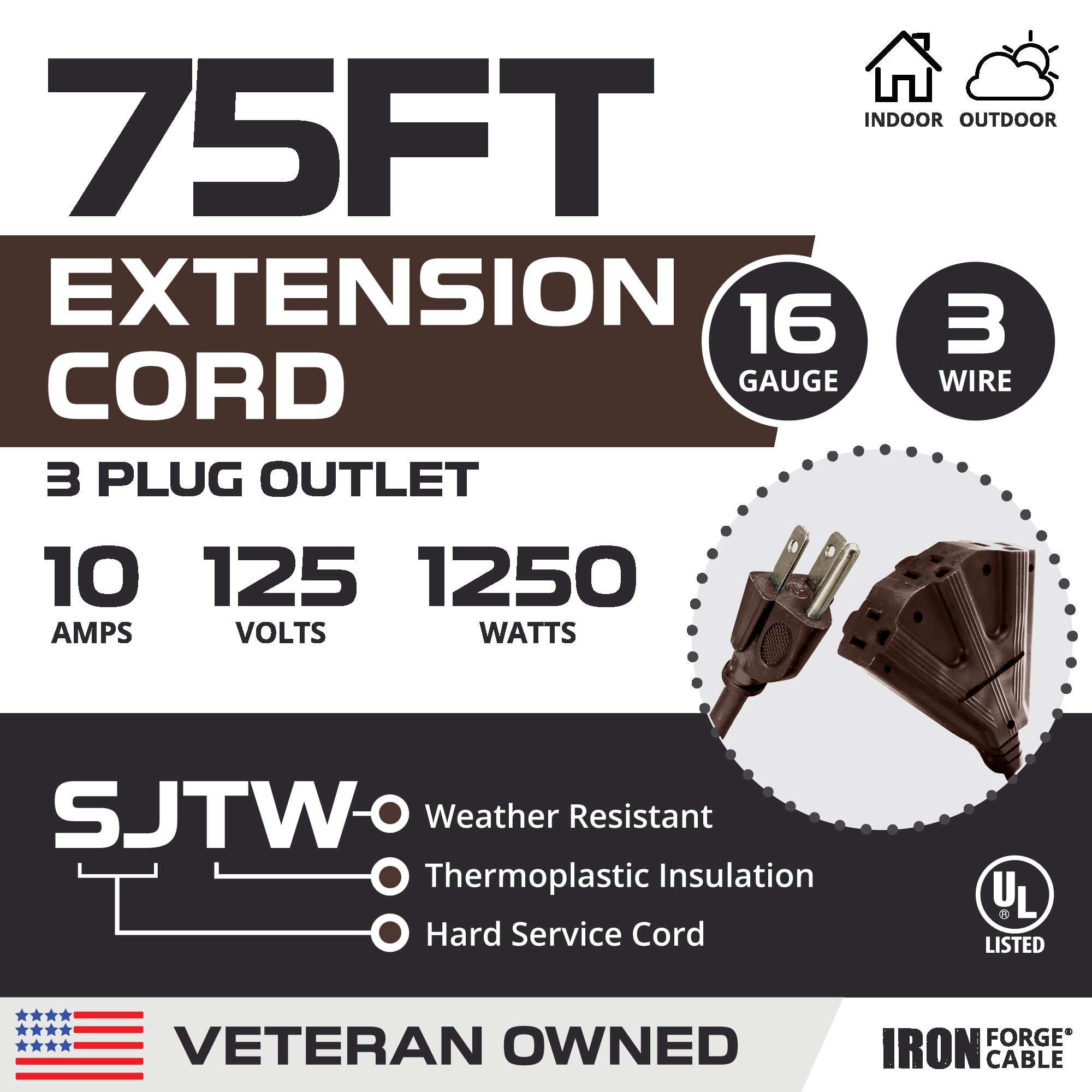 Iron Forge Cable 75 Ft Brown Extension Cord With 3 Outlets   16/3 Sjtw Weatherproof Outdoor Extension Cord With Multiple Outlets