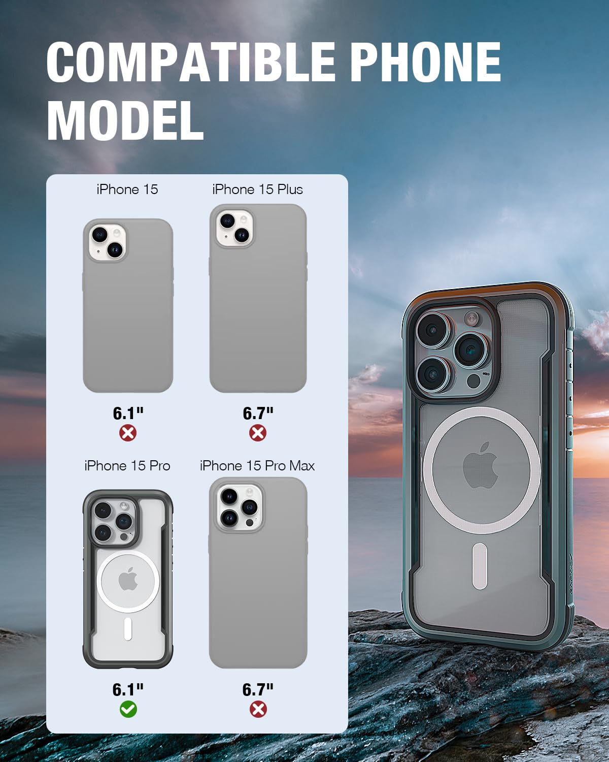 Raptic Shield Magnetic For Iphone 15 Pro Case, Compatible With Magsafe, Shockproof Protective Clear Case, Military Grade 10Ft Dr