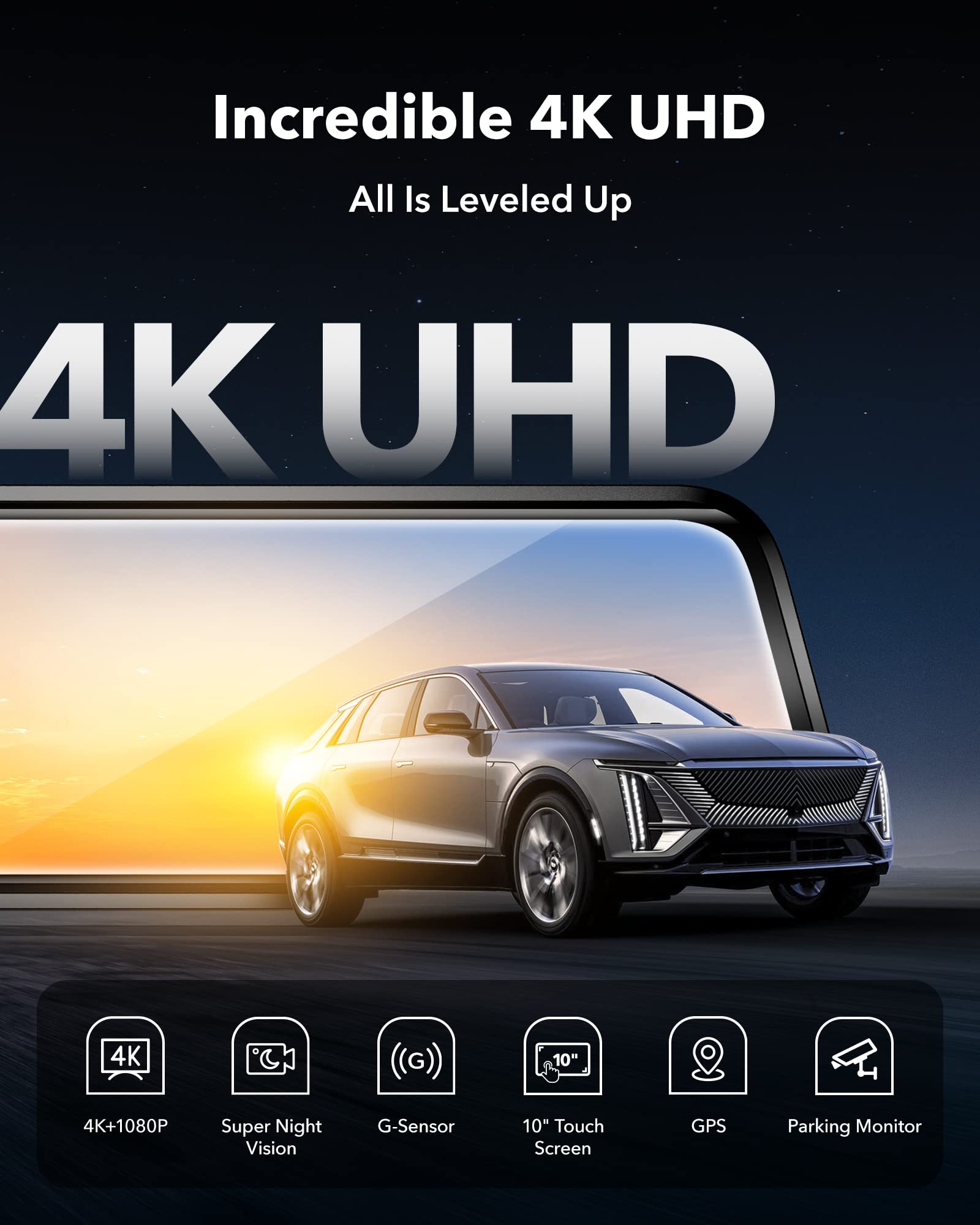 Wolfbox G930 4K 10'' Rear View Mirror Camera, Dash Cam Front And Rear For Car With 64Gb Card, Touch Screen Smart Rear View Mirro