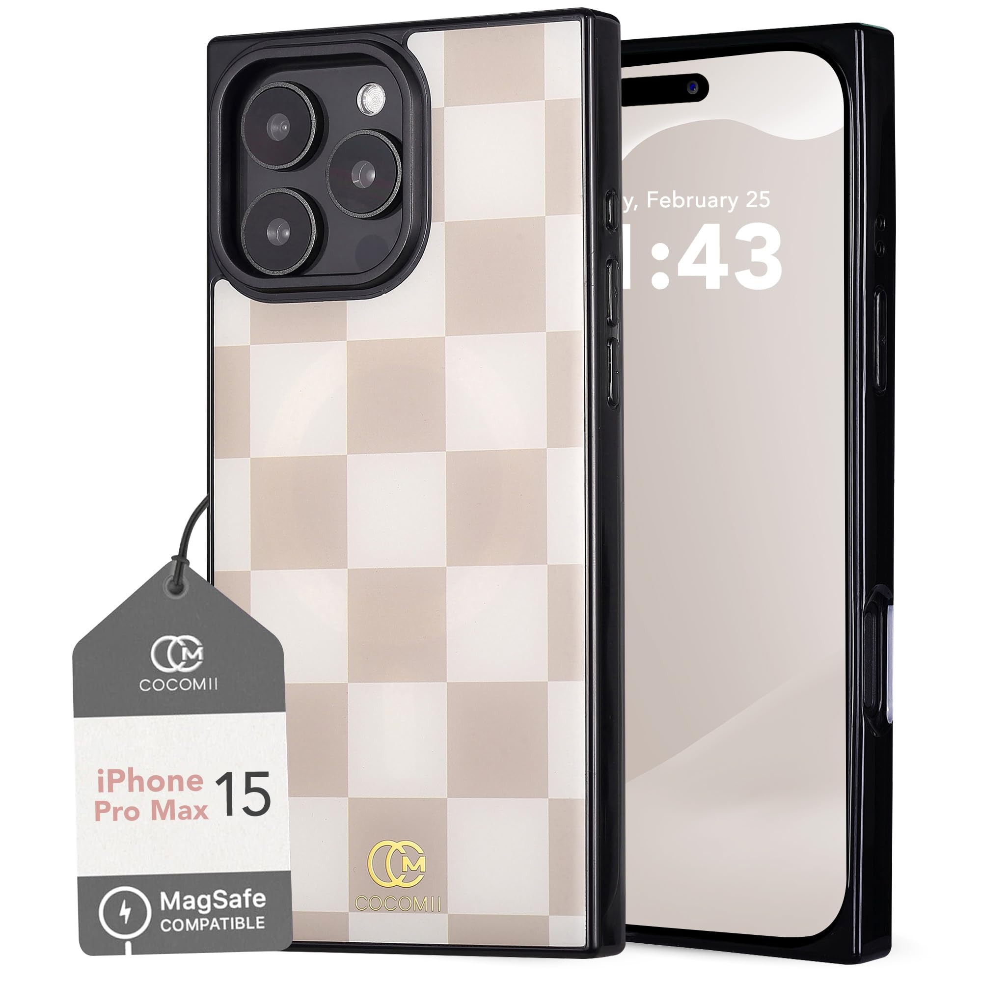 COCOMII Rectangle Case for iPhone 15 Pro Max, Compatible with MagSafe, Neutral Checkered