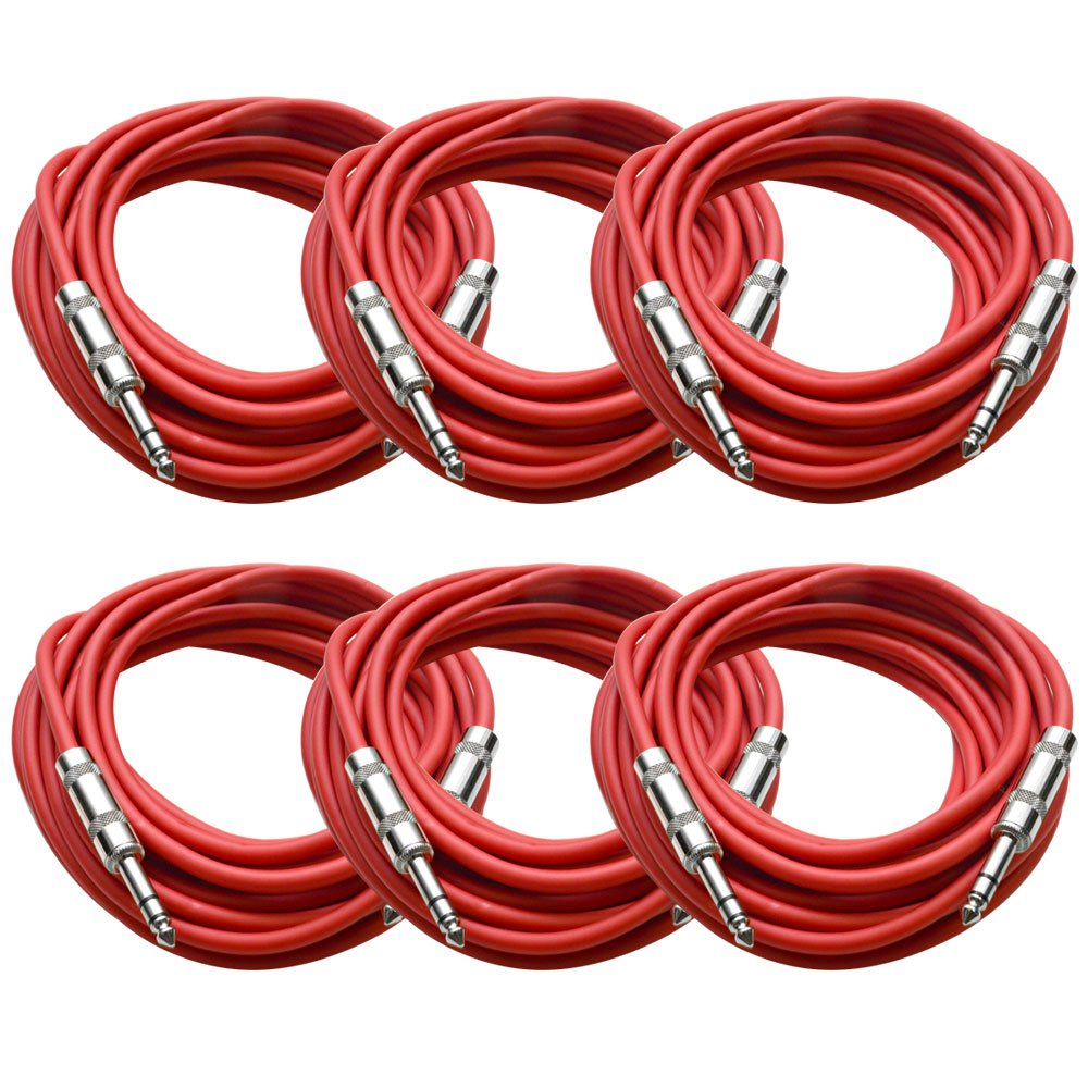Seismic Audio - Satrx-25Red6 - Pack Of Six (6) 25 Foot Red 1/4'' Trs Patch Cable - Balanced Cord - Effects