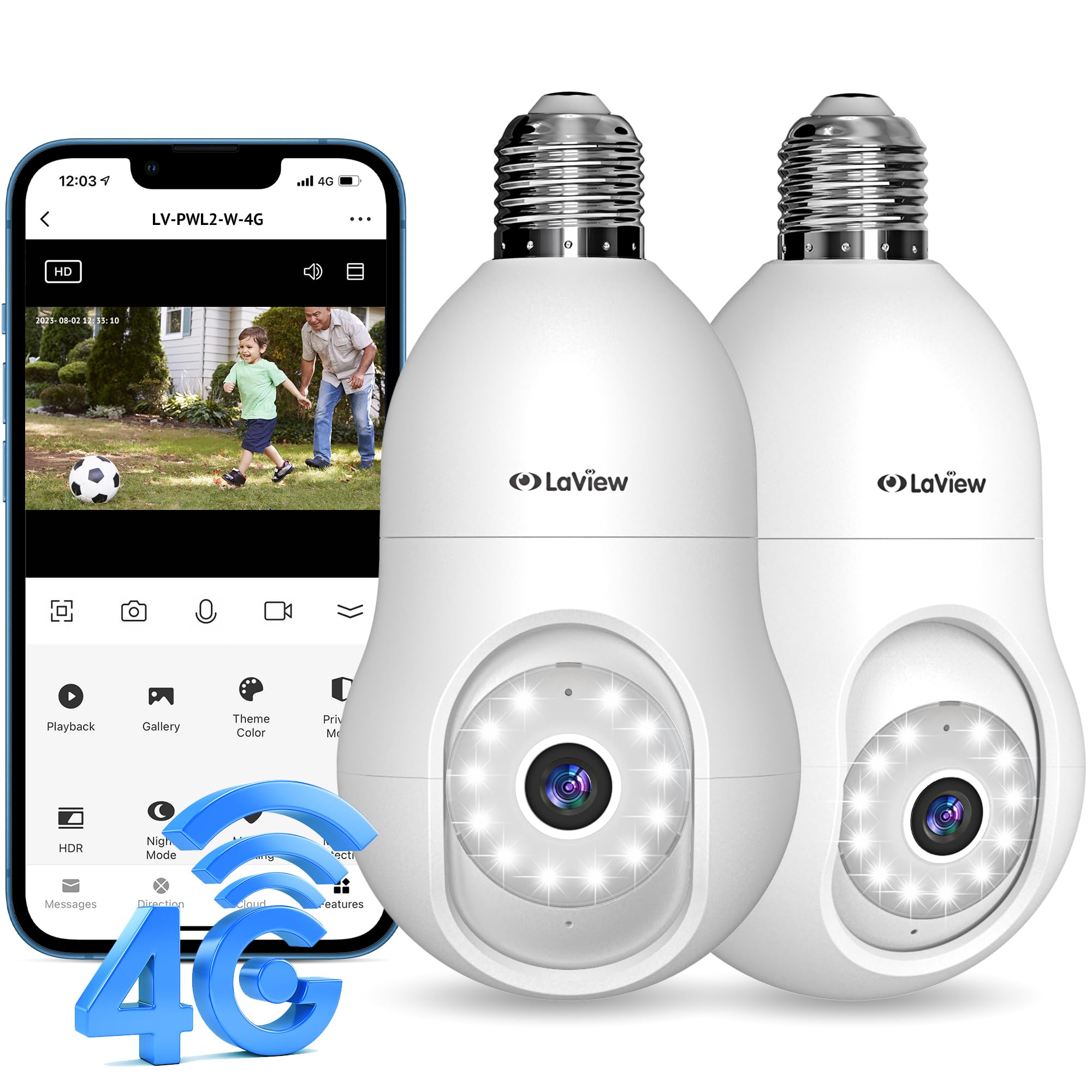 Laview 4G Lte Cellular Light Bulb Security Camera,360�2K Security Cameras Wireless Outdoor Indoor 4Mp Full Color Day And Night,Motion Detection, Audible Alarm,Easy Installation,Compatible With Alexa