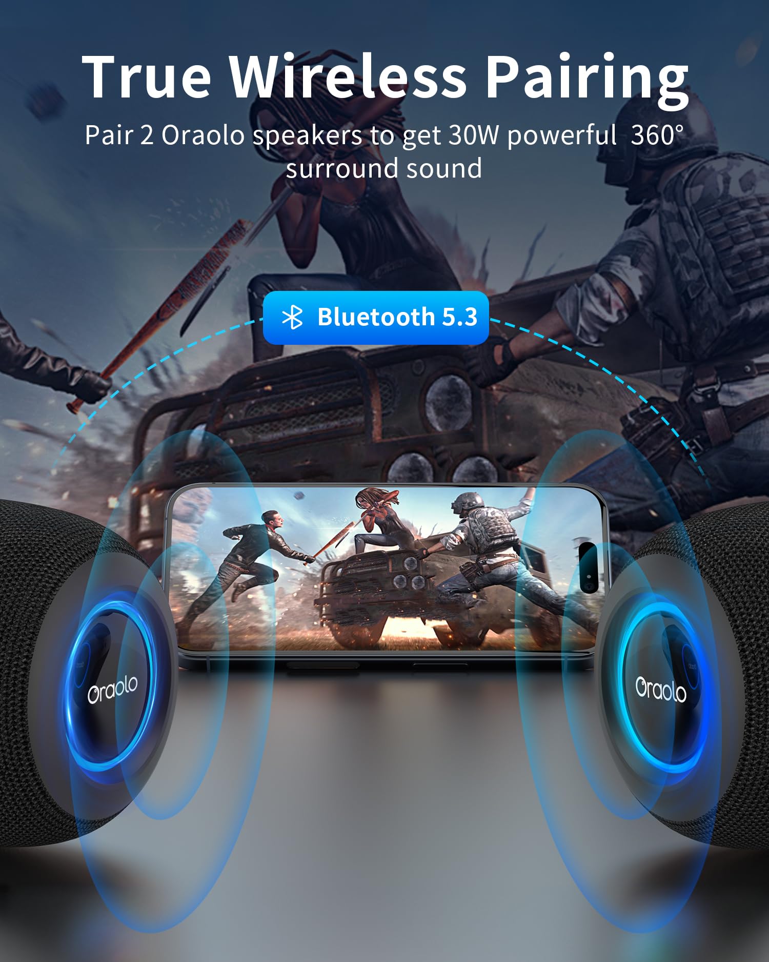 Oraolo Bluetooth Speaker, Ipx7 Waterproof Portable Bluetooth Speaker With 15W Immersive Audio, 30H Playtime, Led Light, Bluetoot
