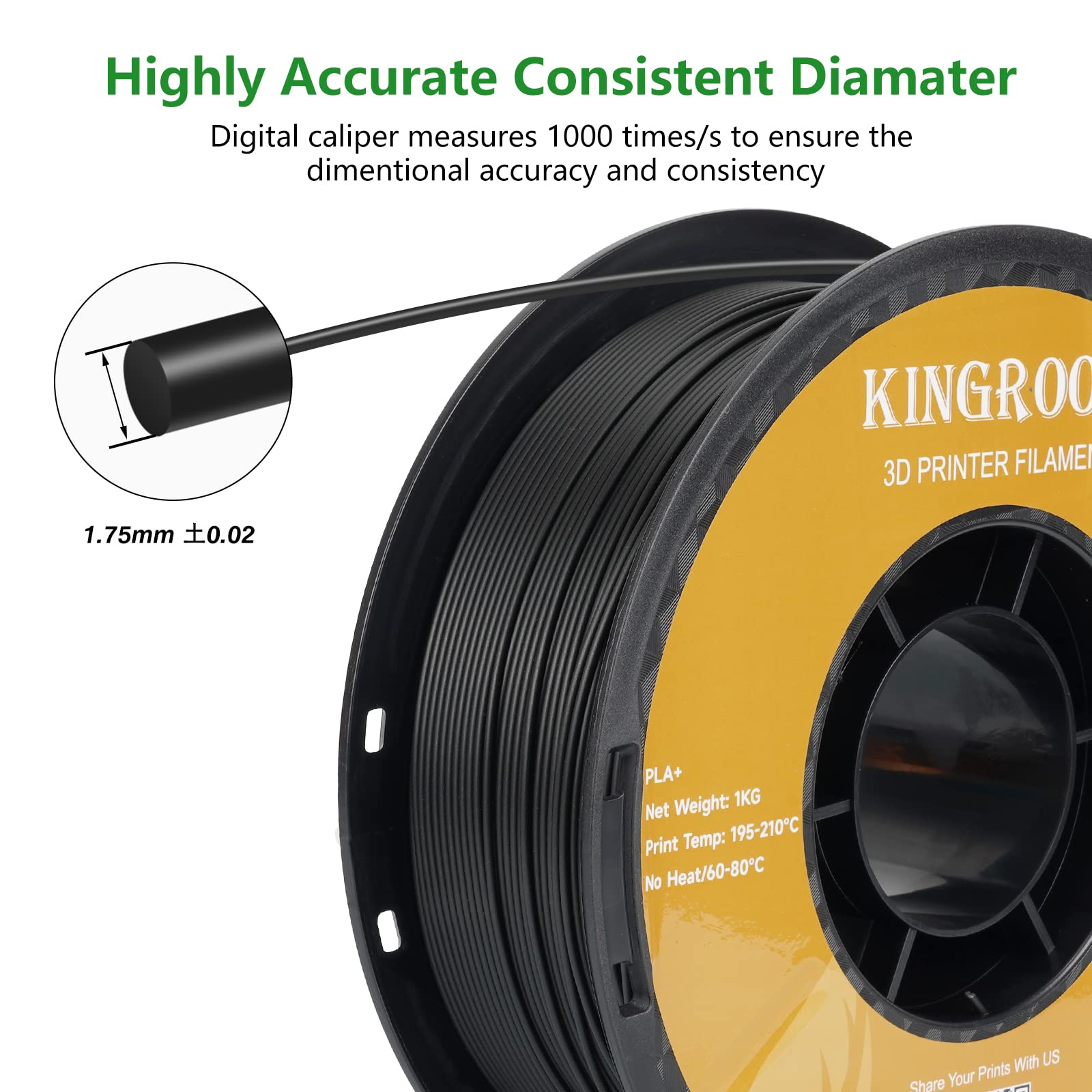 Kingroon Pla Plus(Pla+) 3D Printer Filament, Dimensional Accuracy +/- 0.03 Mm, 1 Kg Spool(2.2Lbs), 1.75 Mm,Black