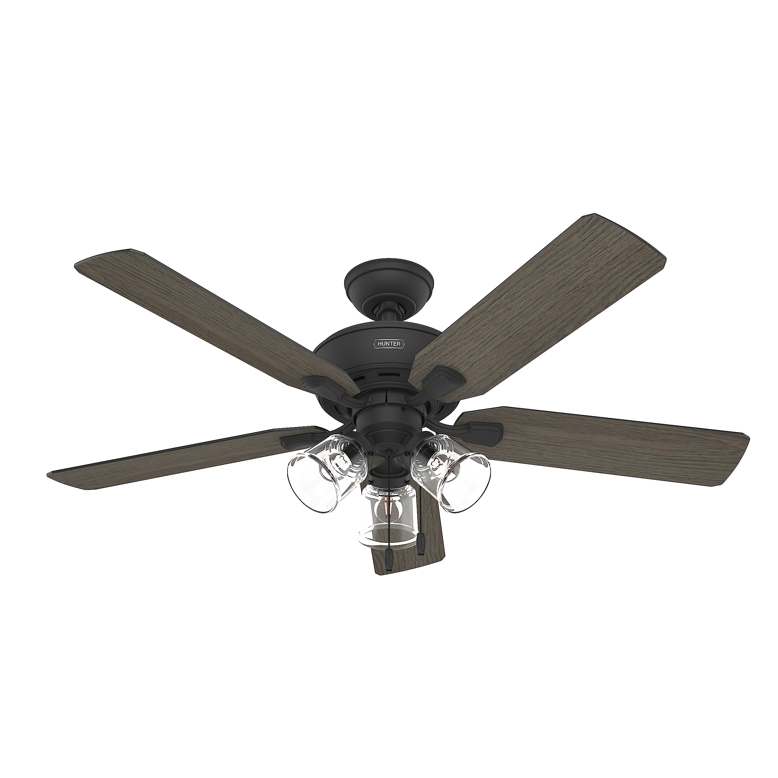 Hunter 52 inch Indoor Ceiling Fan with LED Lights and Pull Chain - Standard Mount Black Ceiling Fan, 5 Blades, For Bedroom, Livi