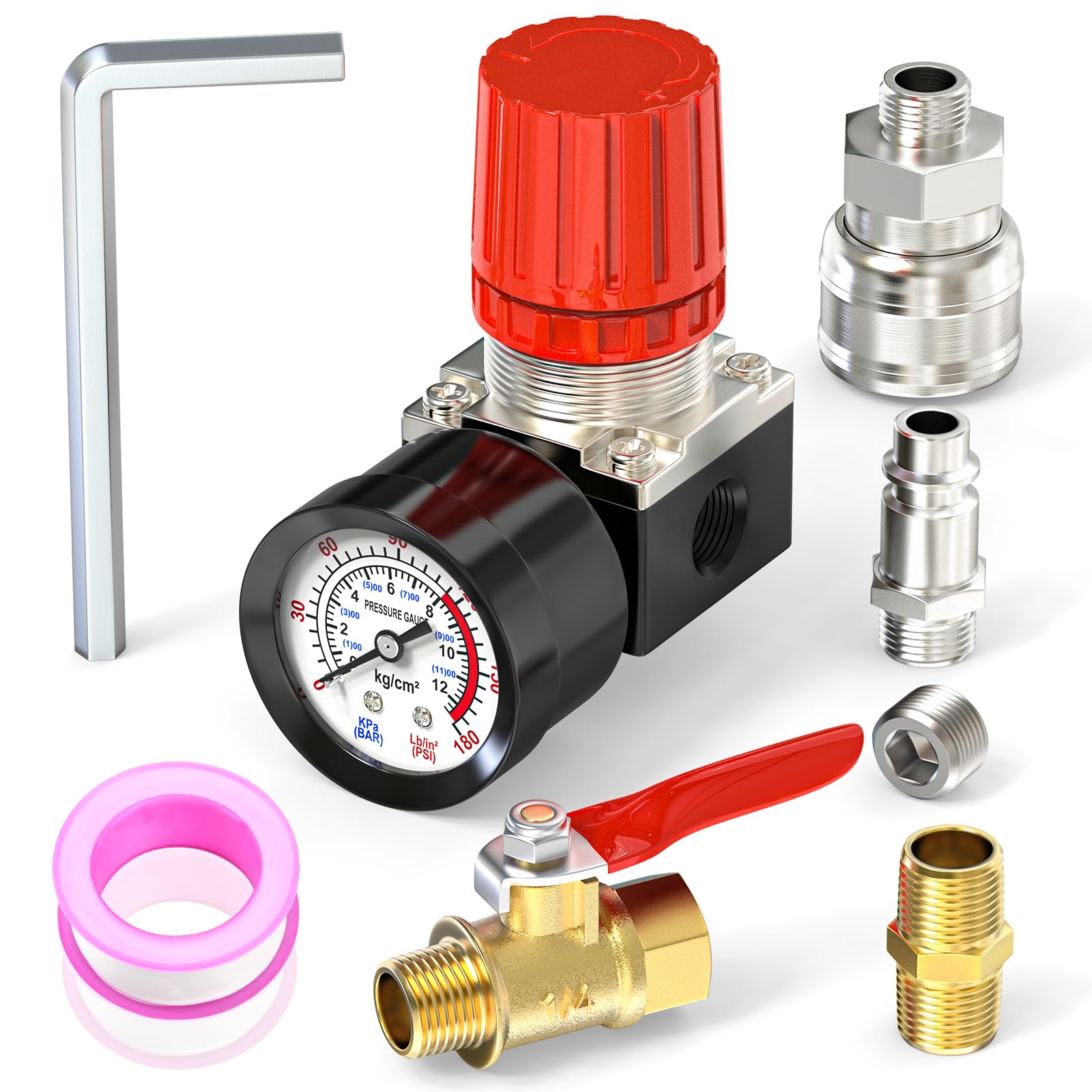 MEANLIN MEASURE 1/4 Inch Air Compressor Regulator with Gauge, 0-180 PSI Air Gauge Regulator Inline for Air Compressor and Pneuma