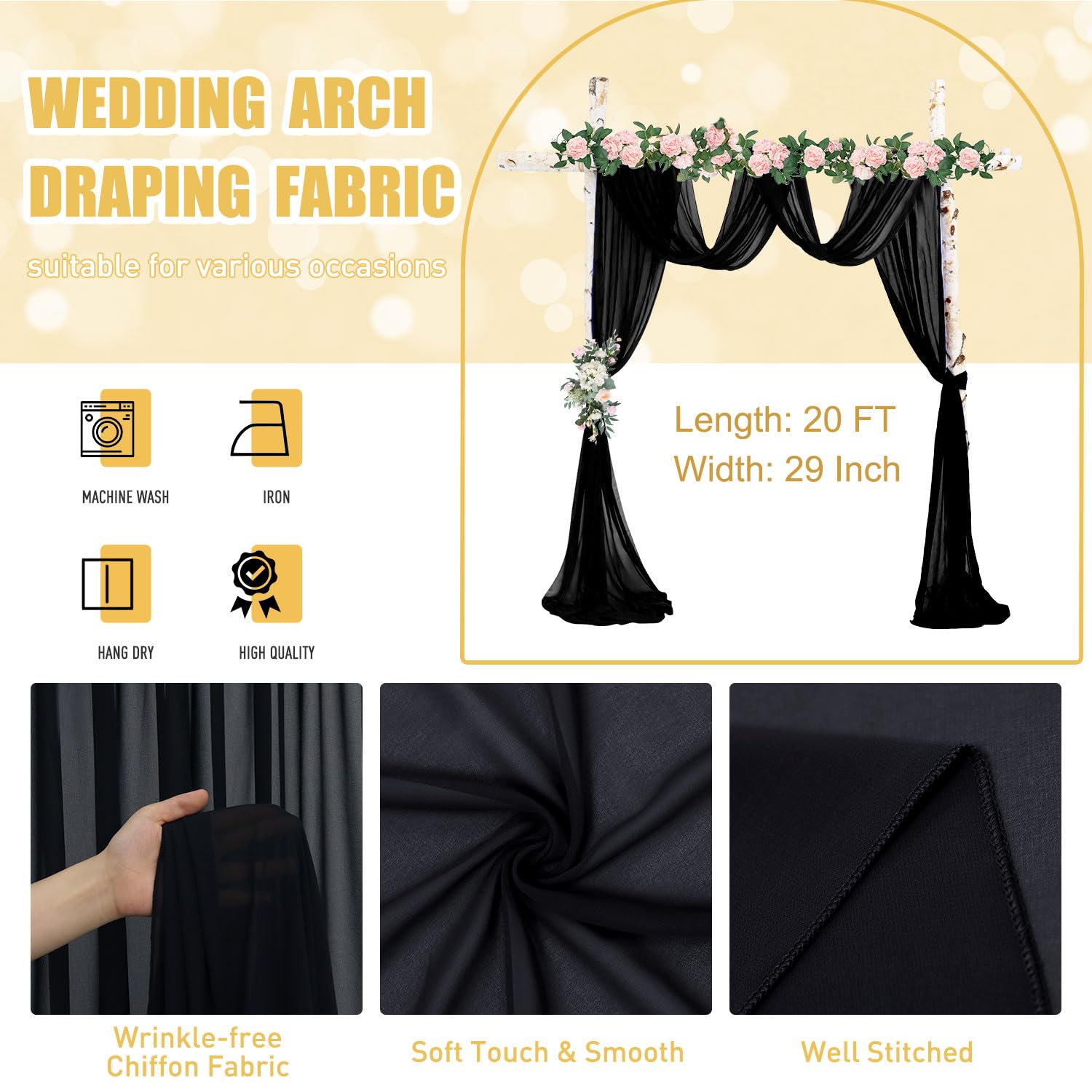 Fuhsy Wedding Arch Draping Fabric 29'' X 20Ft 1 Panel Black Wedding Arch Drapes Sheer Curtains For Backdrop Wedding Drapery Chif