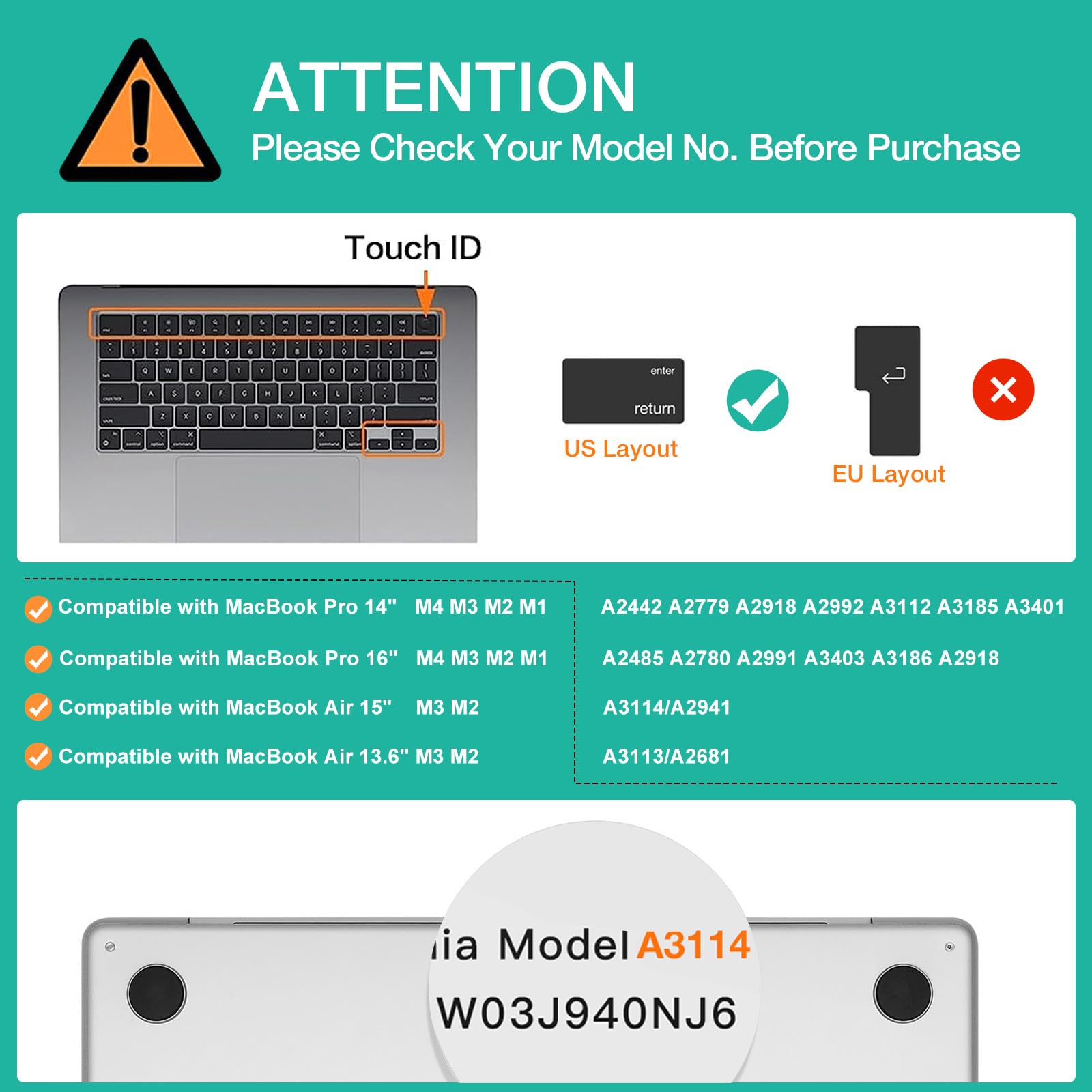 Mosiso Keyboard Cover Skin Compatible With Macbook Air 15 Inch M3 A3114 M2 A2941/Air 13.6 A3113 A2681/Pro 14/16 M4 M3 M2 M1, Mid