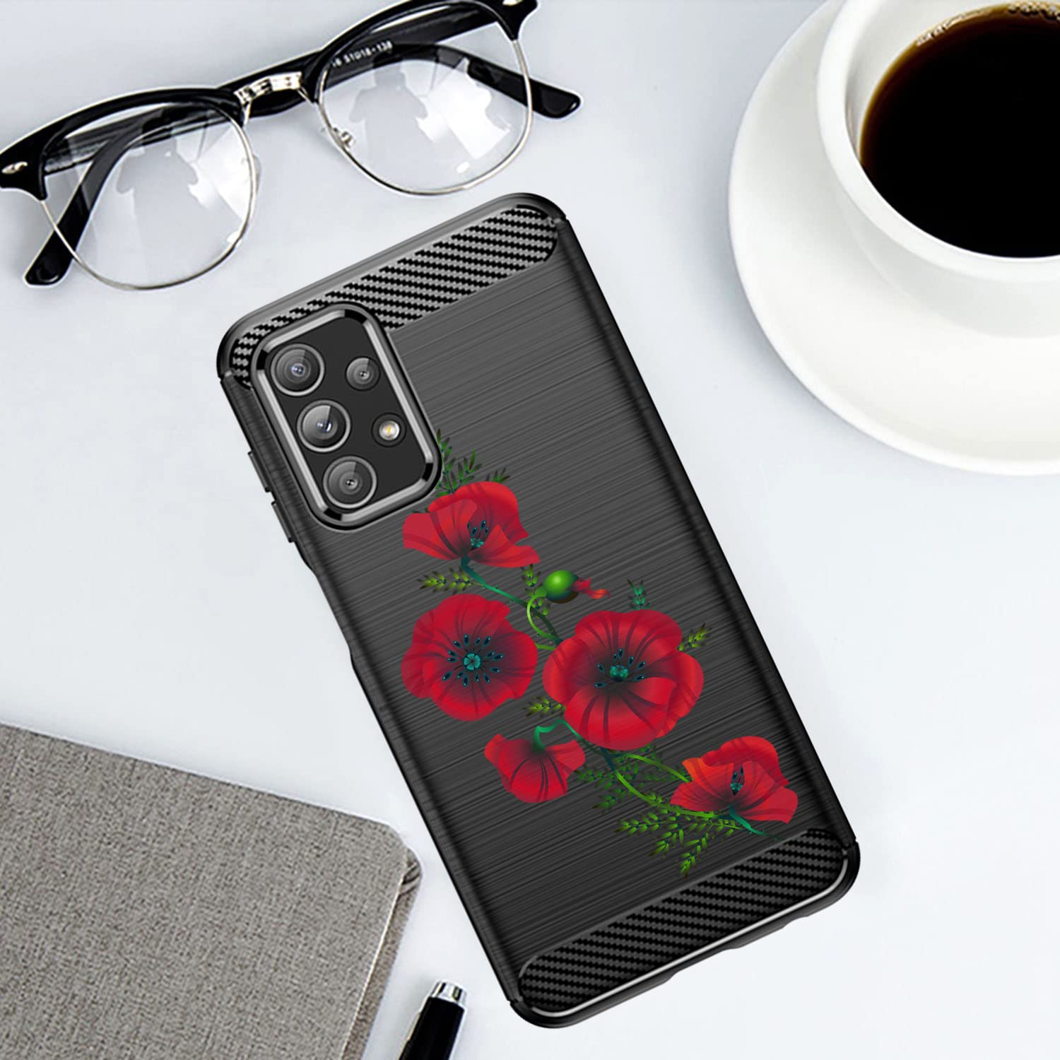 CasesOnDeck Phone Case Compatible Samsung Galaxy A23 5G A23 Tribal Floral Matte TPU Carbon Fiber Red Vine Flower