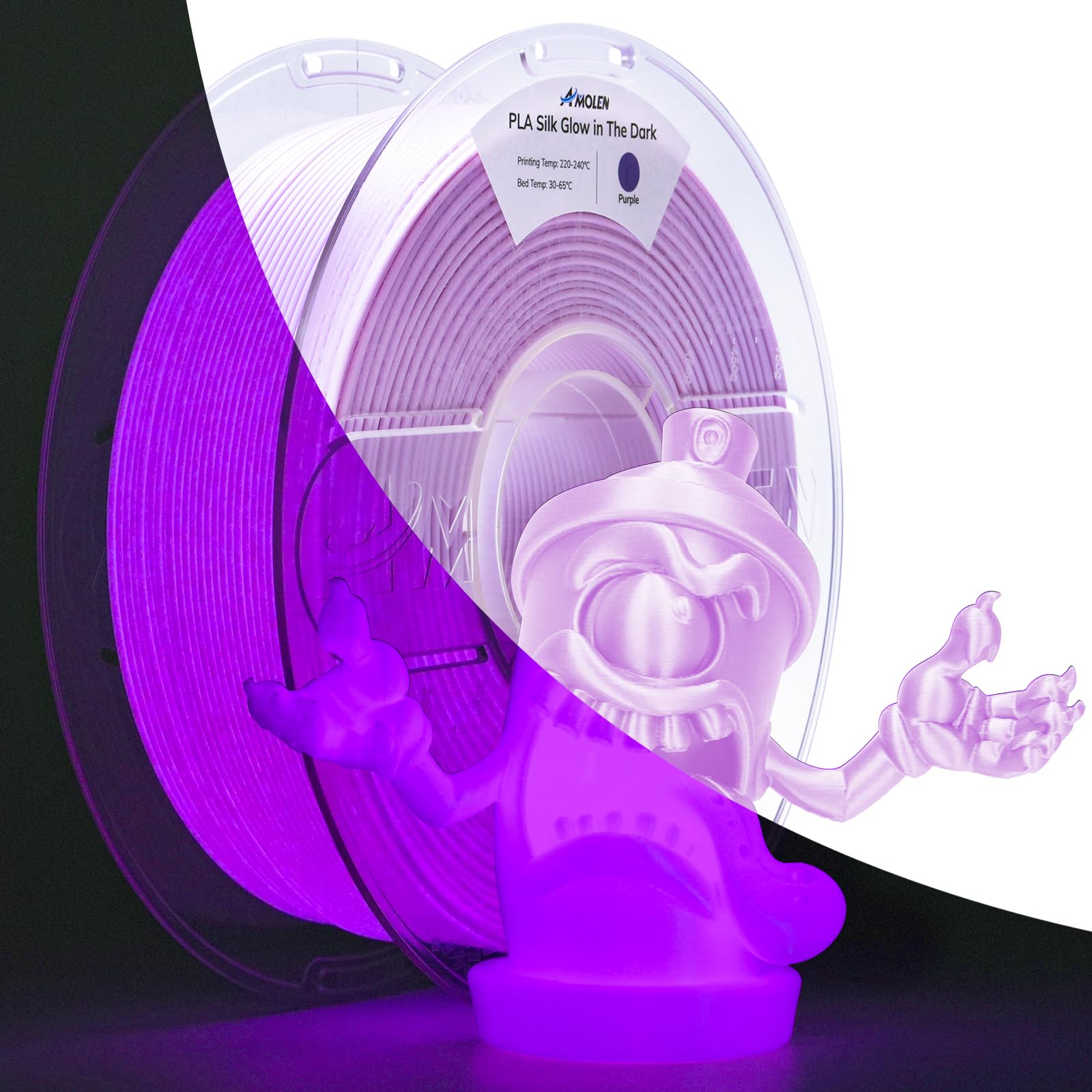 Amolen Glow in the Dark Pla Filament,Shiny Silk & Glow 3D Printer Filament Pla Glow Pla Filament 1.75mm Purple, Best with UV Lam