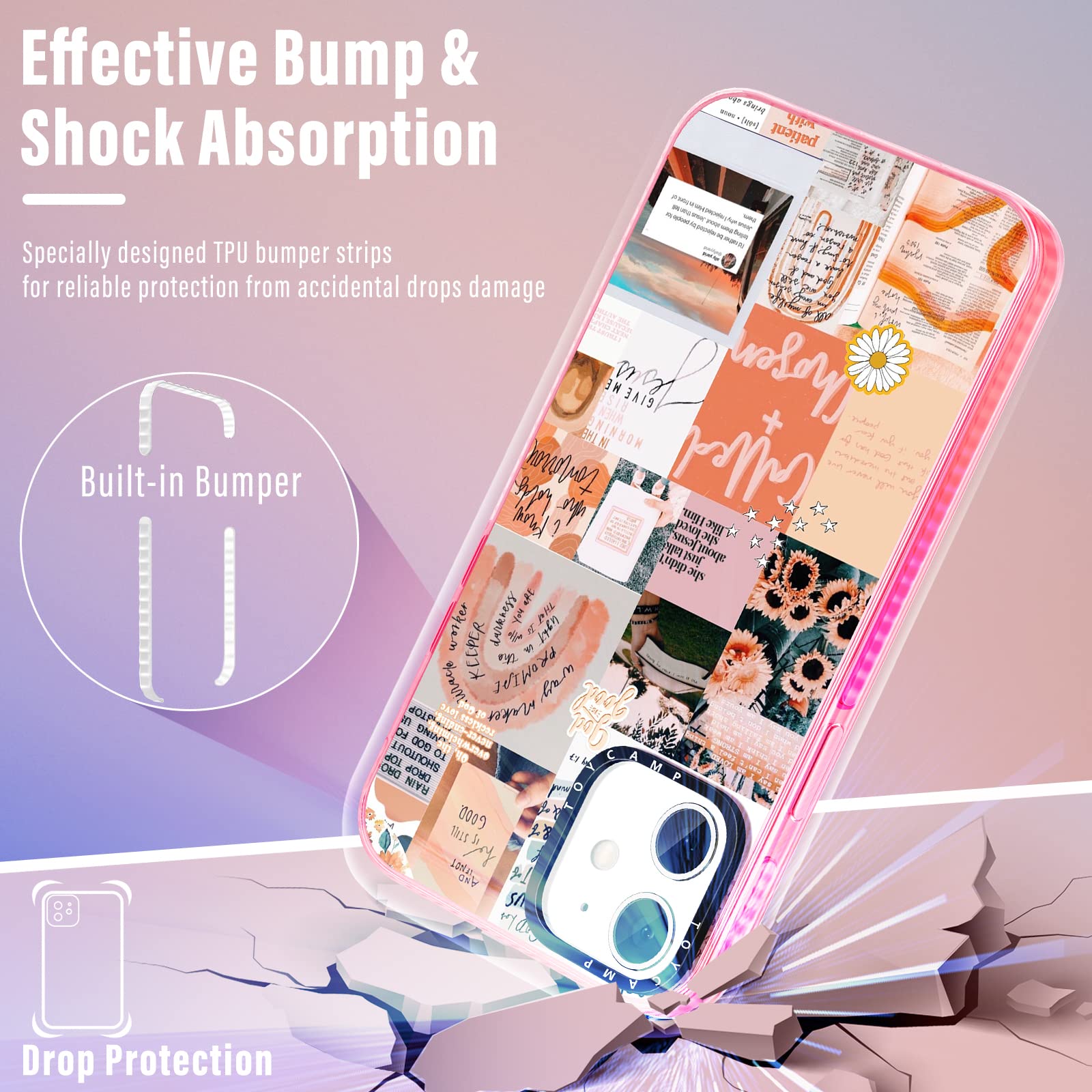Toycamp iPhone 12/12 Pro Phone Case Vintage Collage Art Design Ring Kickstand TPU Pink Quotations 6.1 Inch