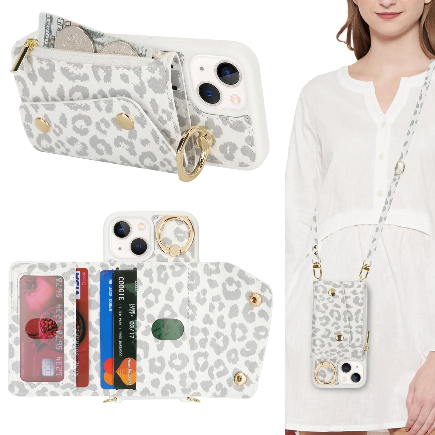 Lipvina for iPhone 13 Mini Case with Card Holder and Strap - Zipper Pocket,Crossbody Lanyard Strap,Credit Card Holder,Stand Ring