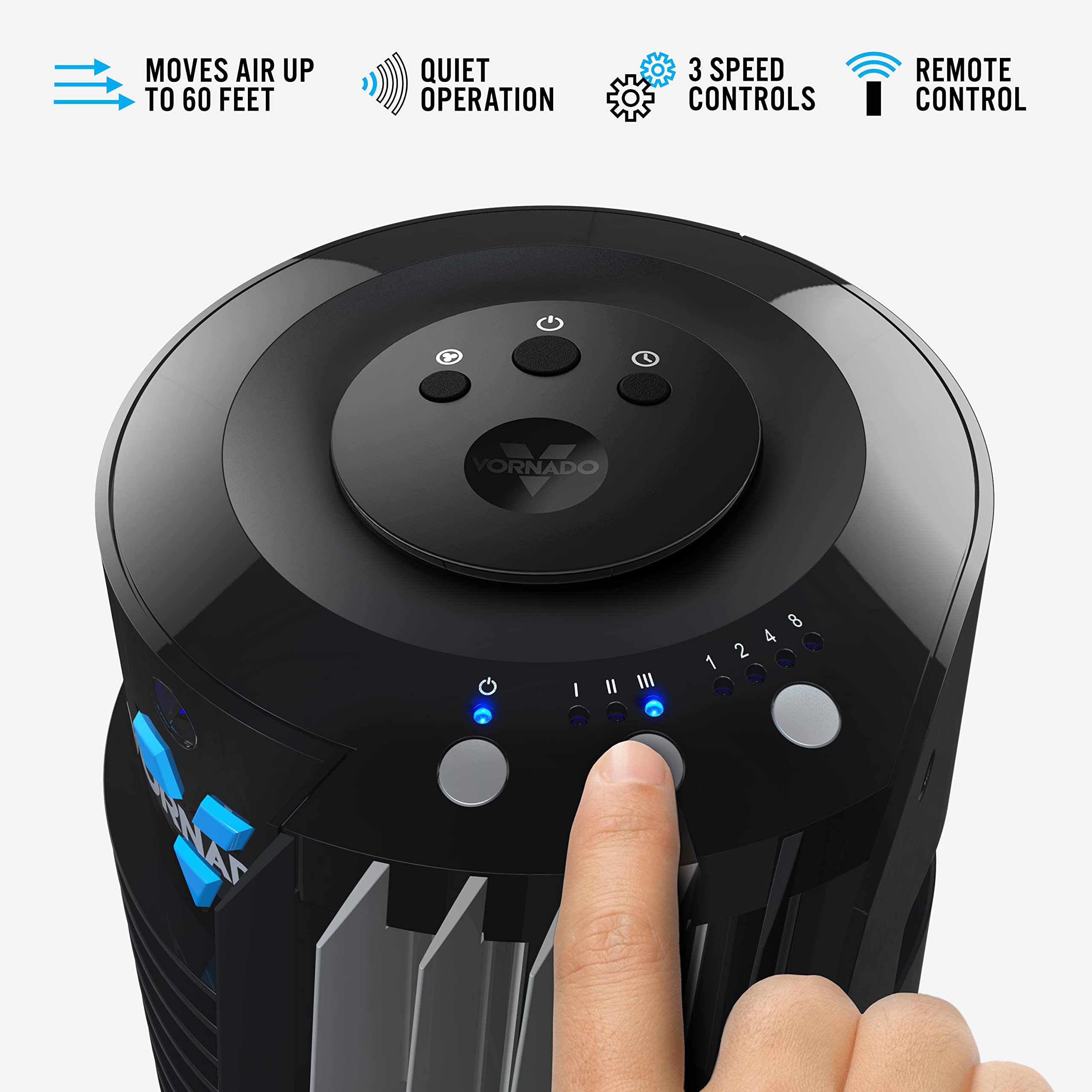 Vornado 143 Whole Room Air Circulator Tower Fan With Timer And Remote Control, 29'', Black