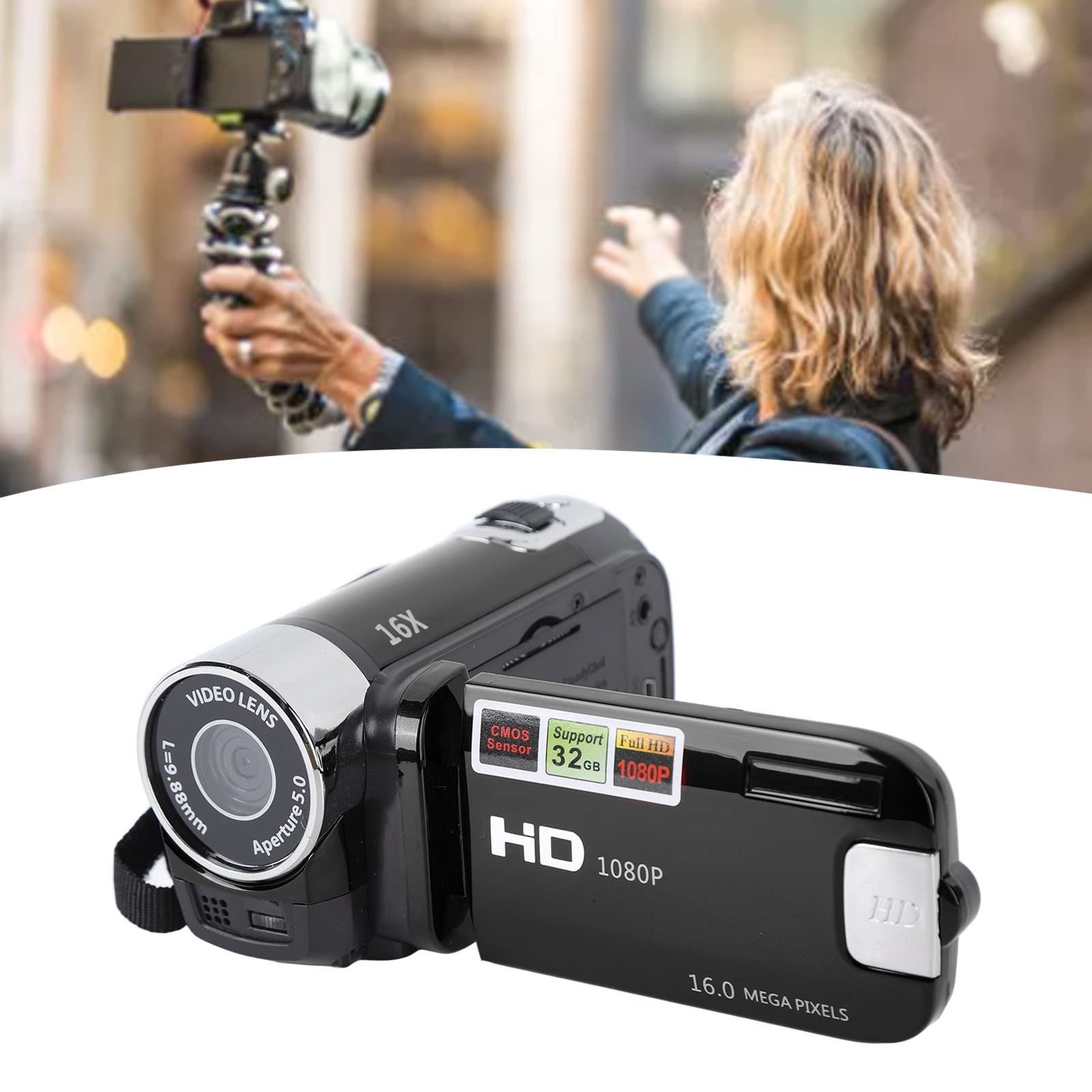 Handheld Video Camcorder, 1080P 16Mp Camera 16X Digital Zoom Video Camera With 2.7In Tft Rotatable Screen And Usb Cable (Black)